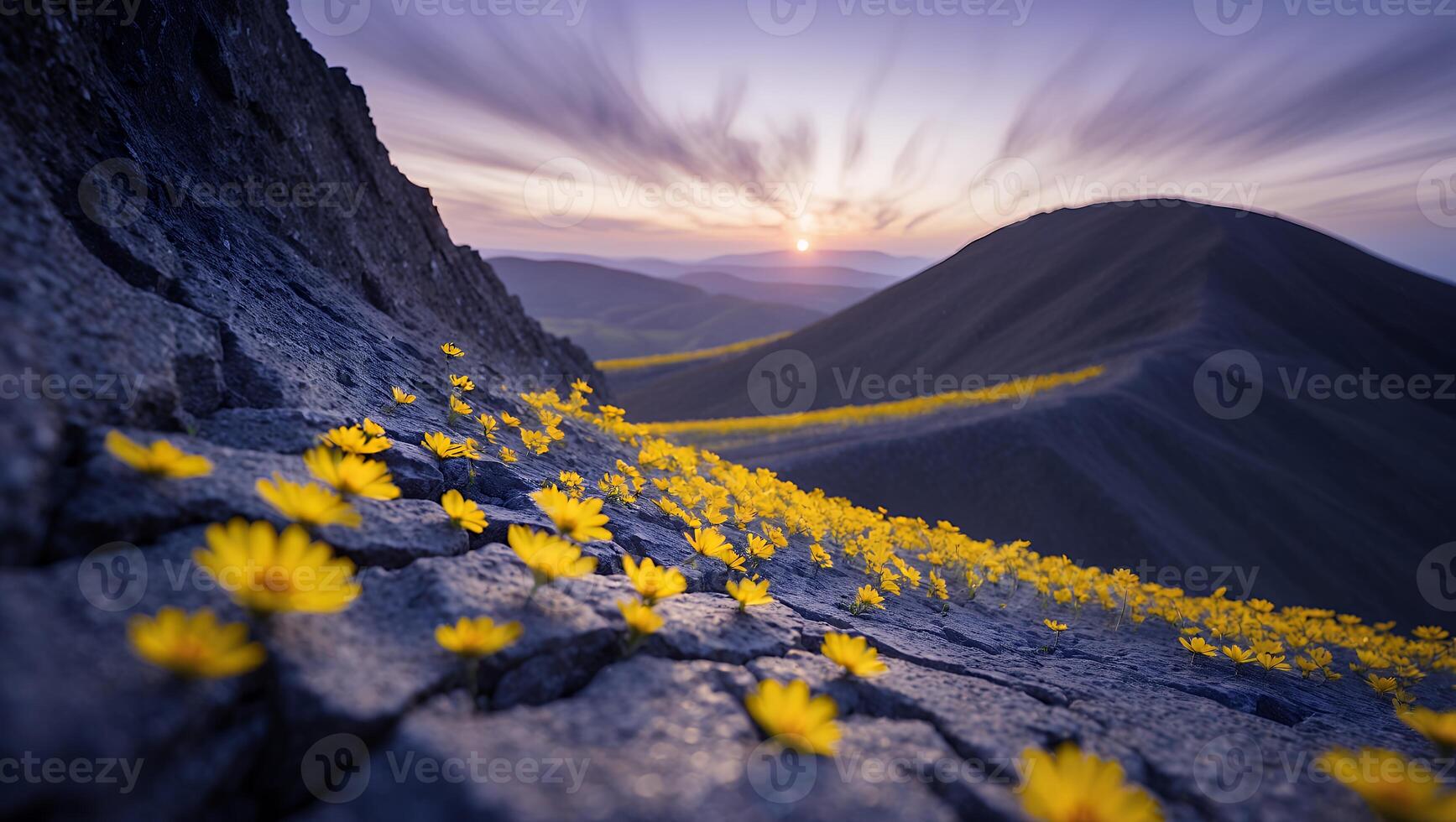 Yellow Flowers Bloom on Rocky Slope at Sunset with Dramatic Sky photo