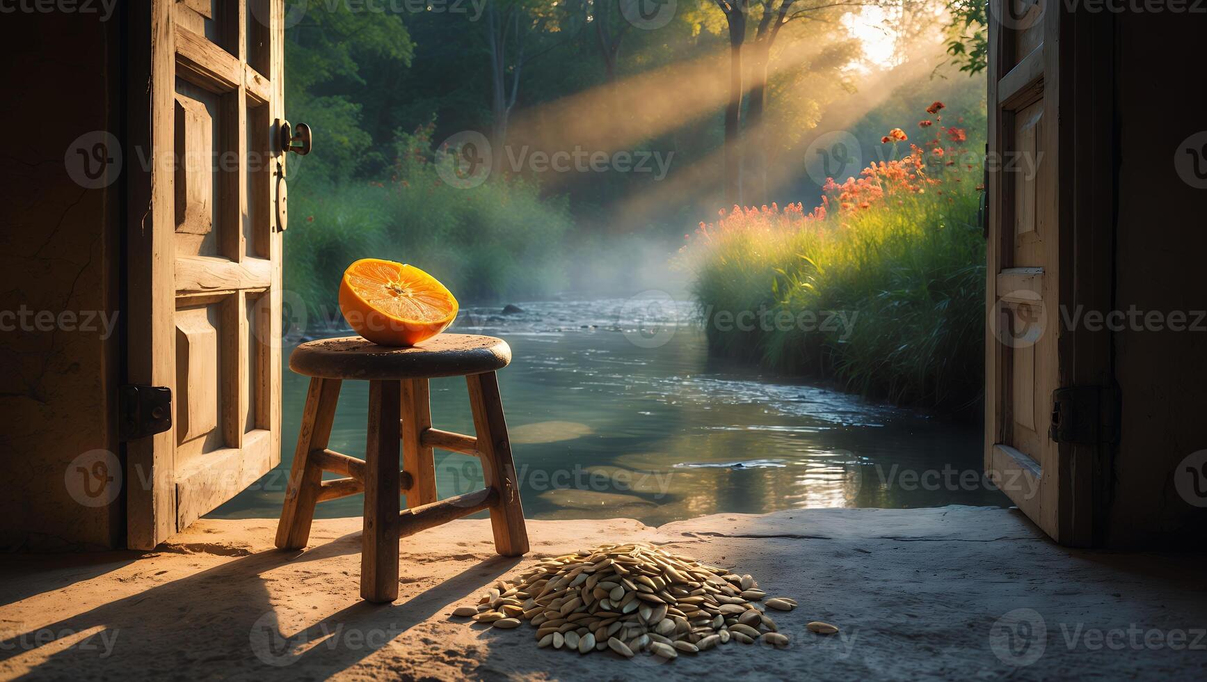 Orange and Seeds by Open Door Overlooking Stream in Nature photo