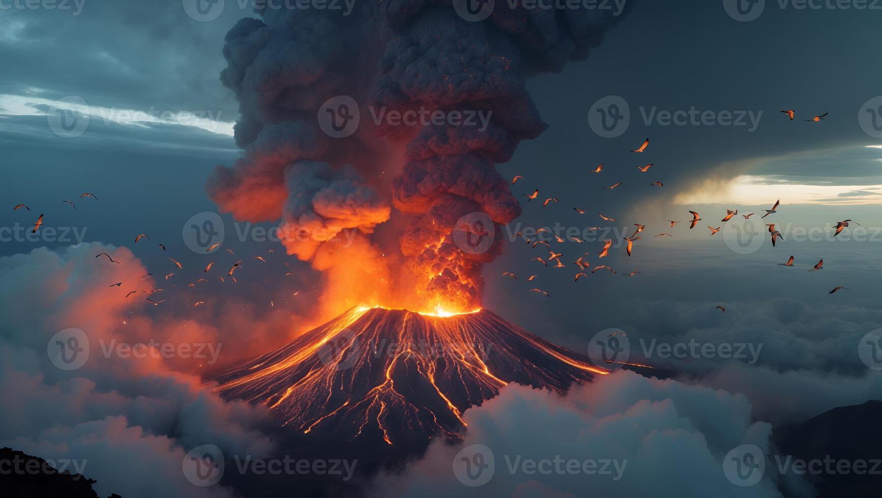 Volcanic Eruption with Lava Flowing and Birds Flying Near Smoke photo