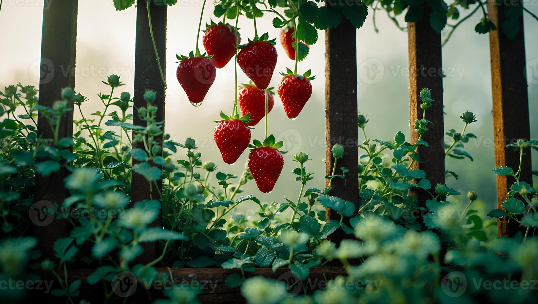 Harvesting Fresh Strawberries Hanging on Vines in a Lush Garden photo
