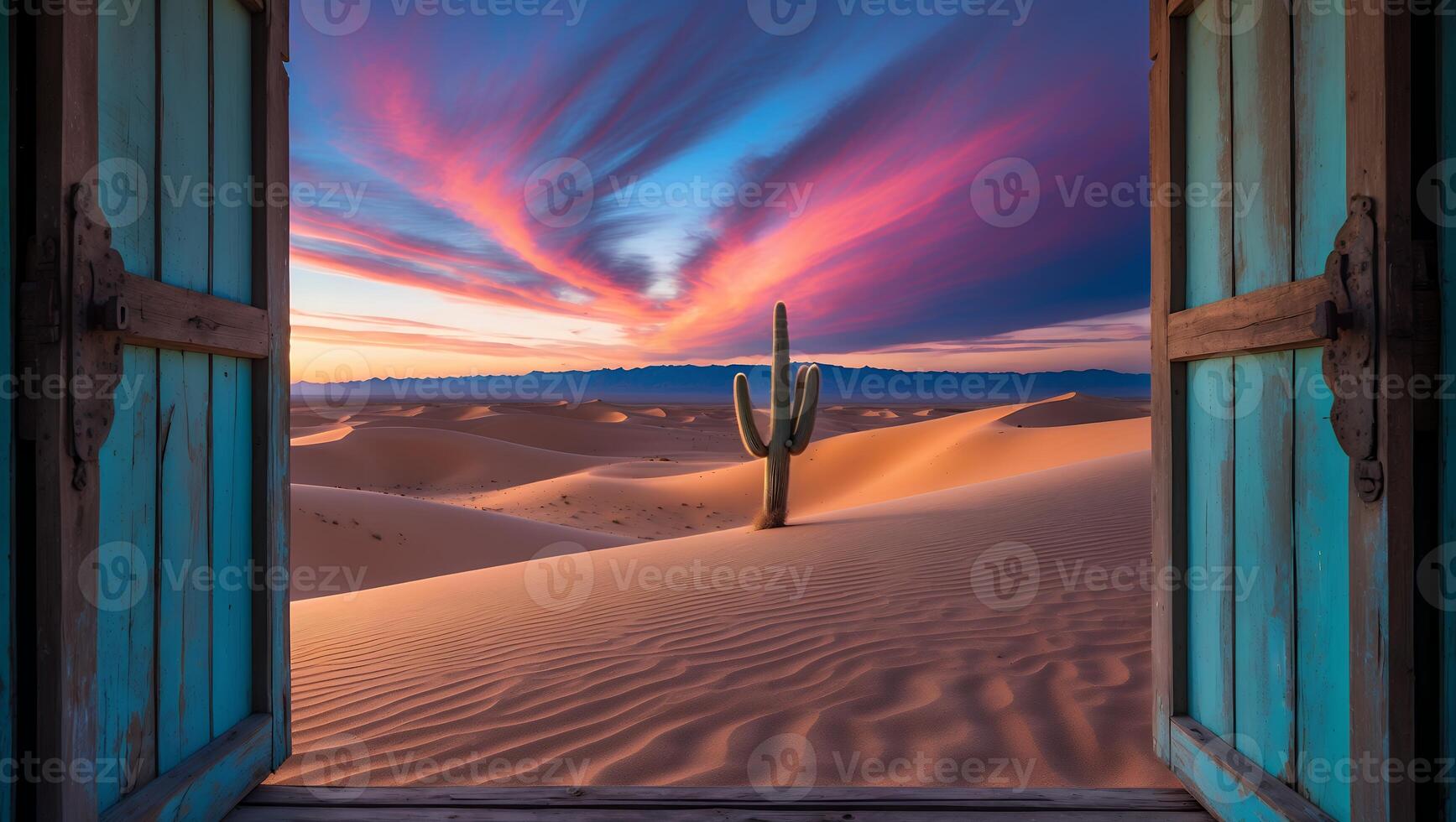 Desert View Through Open Window with Cactus and Dramatic Sunset photo
