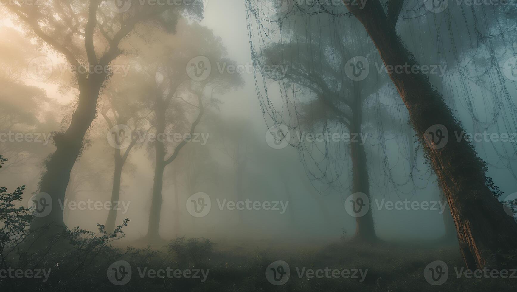 Exploring Tranquil Foggy Forest Scenery with Overhanging Vines and Lush Grass photo