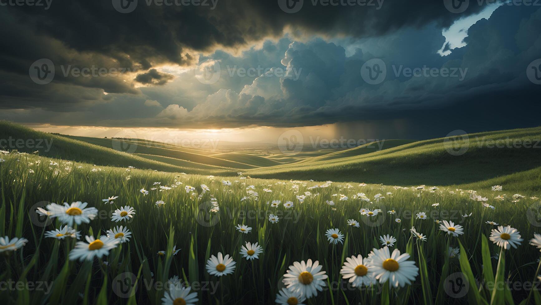 Field of Daisies Blooming Under Stormy Sky at Sunset with Rain photo