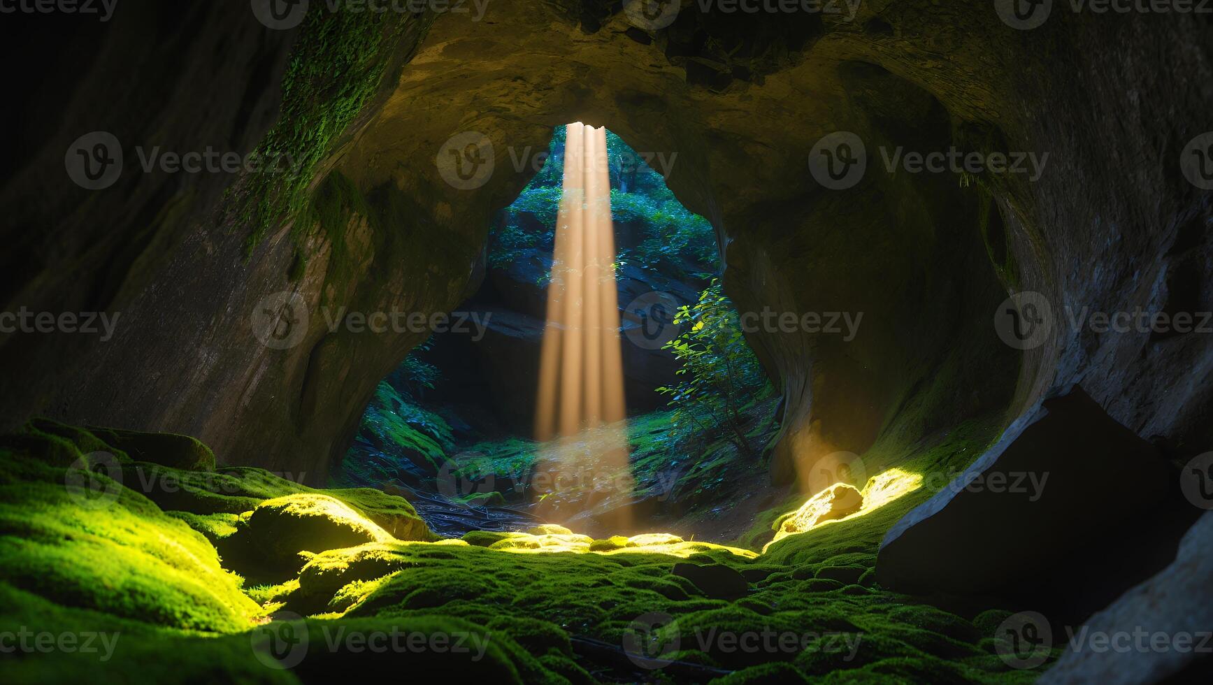 Sunlight Streaming Into Mossy Cavern Creates a Mysterious and Serene Scene photo