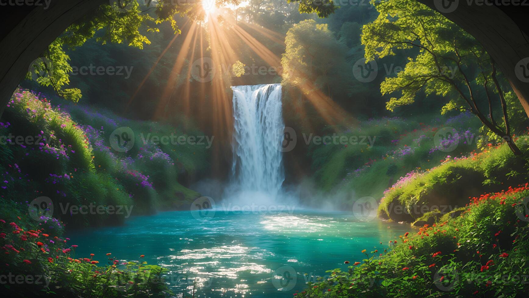 Waterfall Cascading Into Turquoise Pool with Sun Rays Beaming Through Trees photo