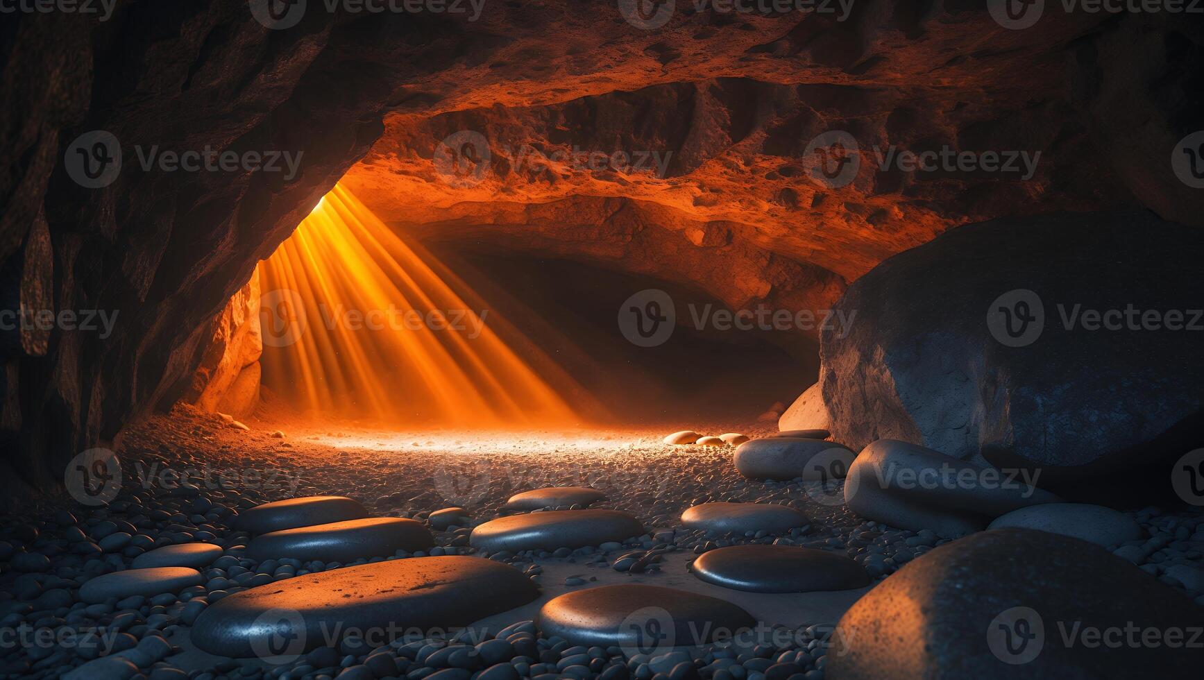 Sunlight Streaming Into Dark Cave with Rocks and Stone Pathway photo
