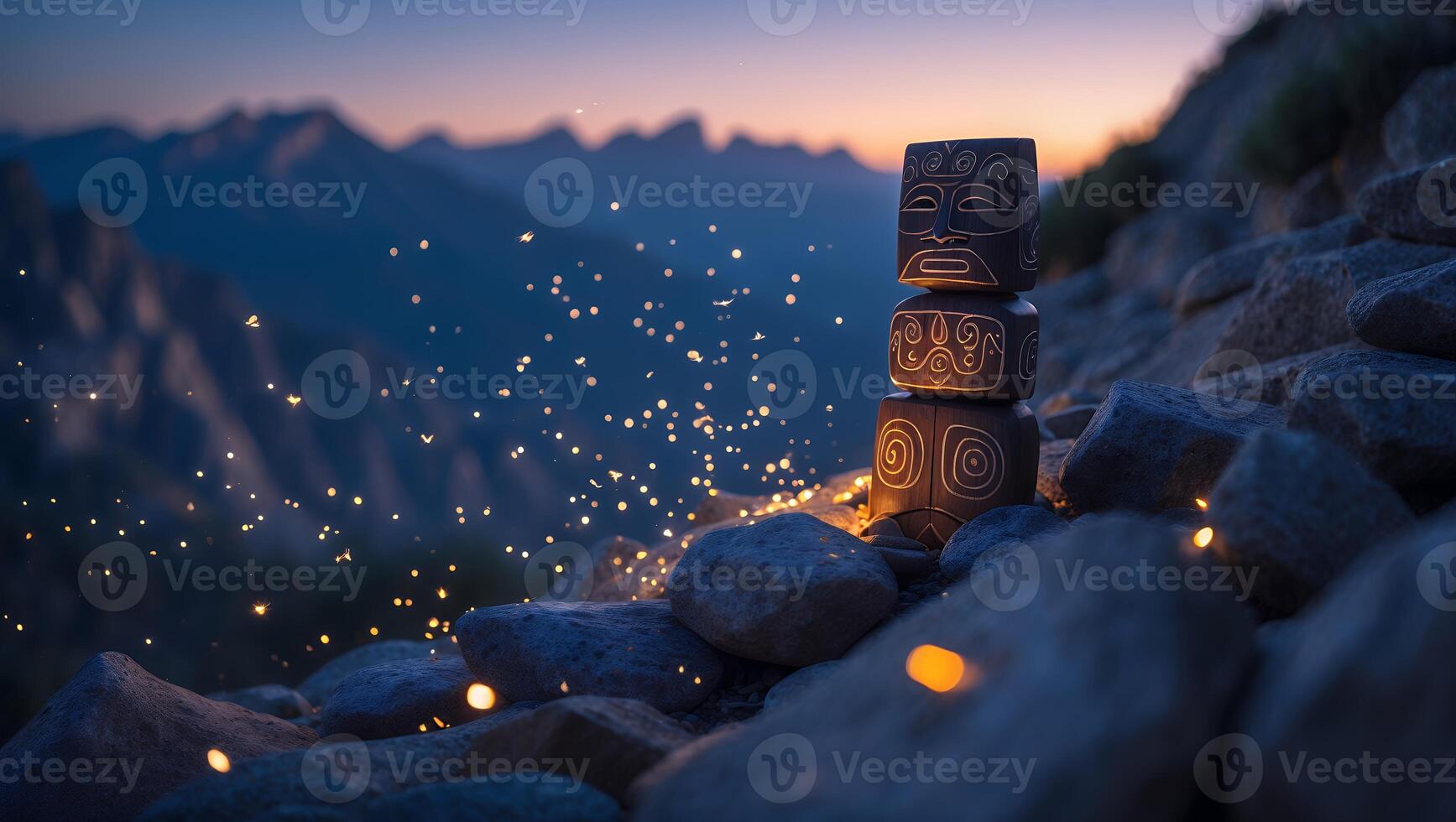 Stacked Totem on Rocky Hillside with Sparkles and Mountain View photo