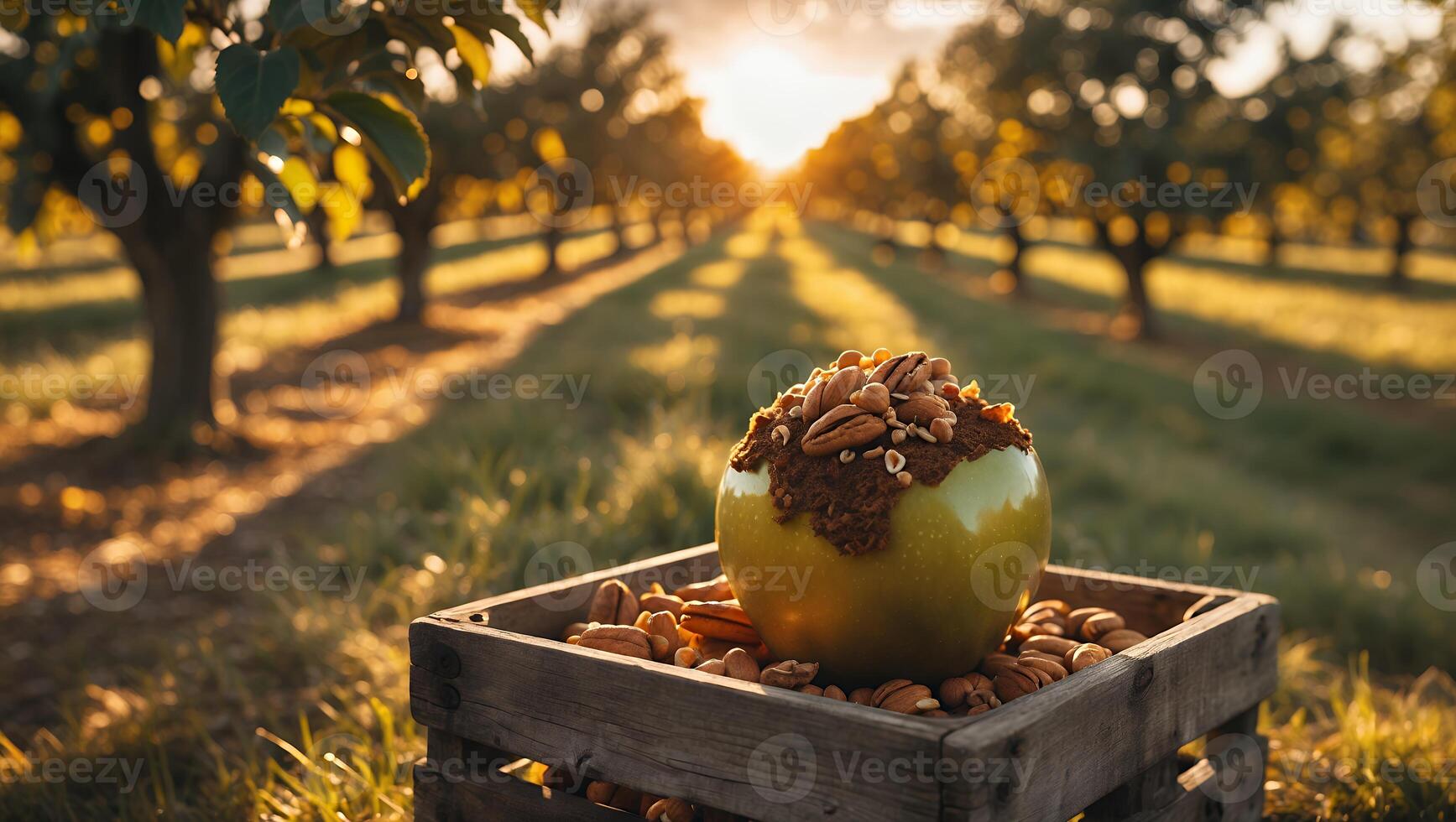 Caramel Apple Topped with Nuts in Orchard with Sunlight photo