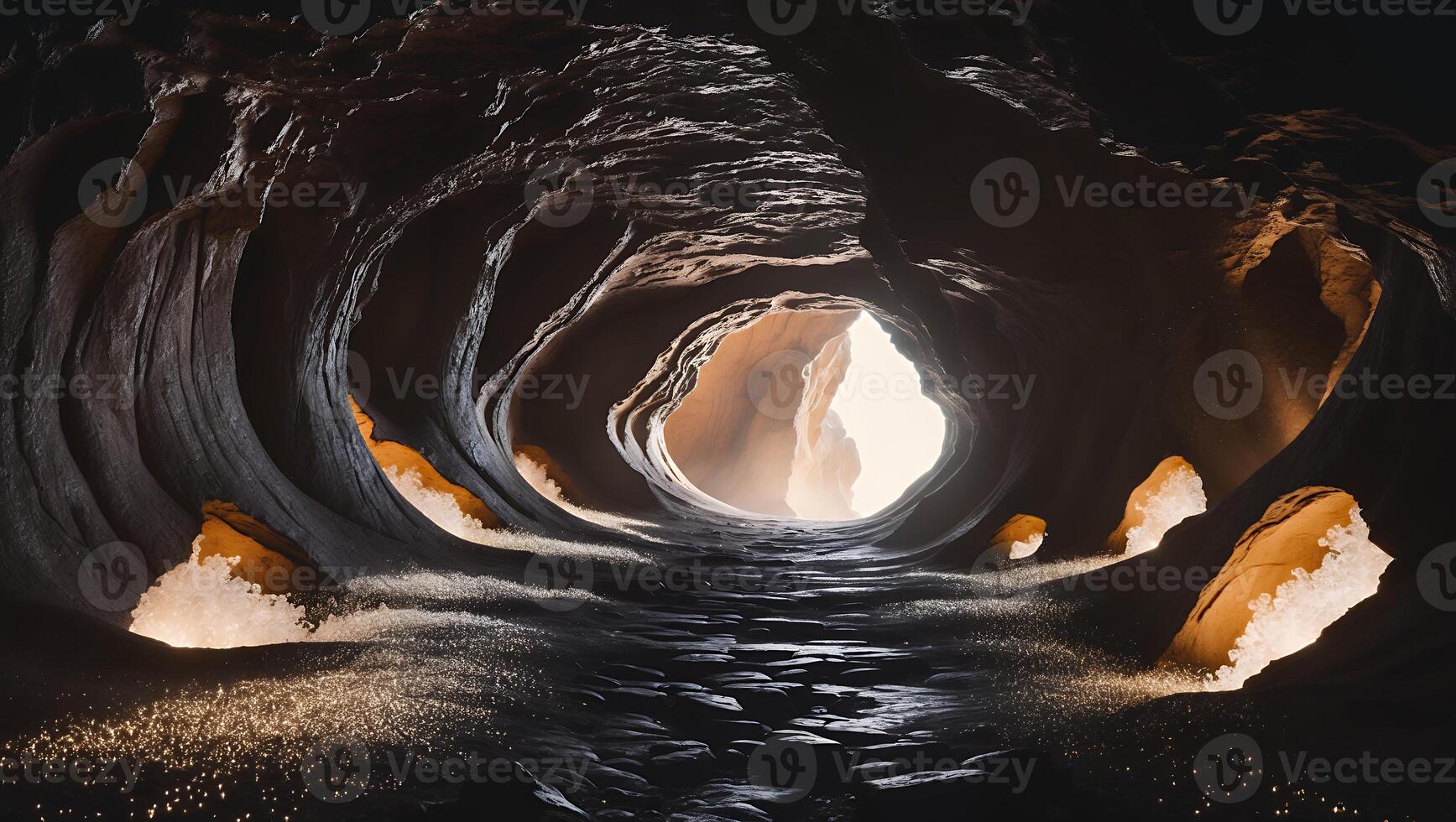 Exploring Dark Cave with Rock Formations and Bright Light at End photo