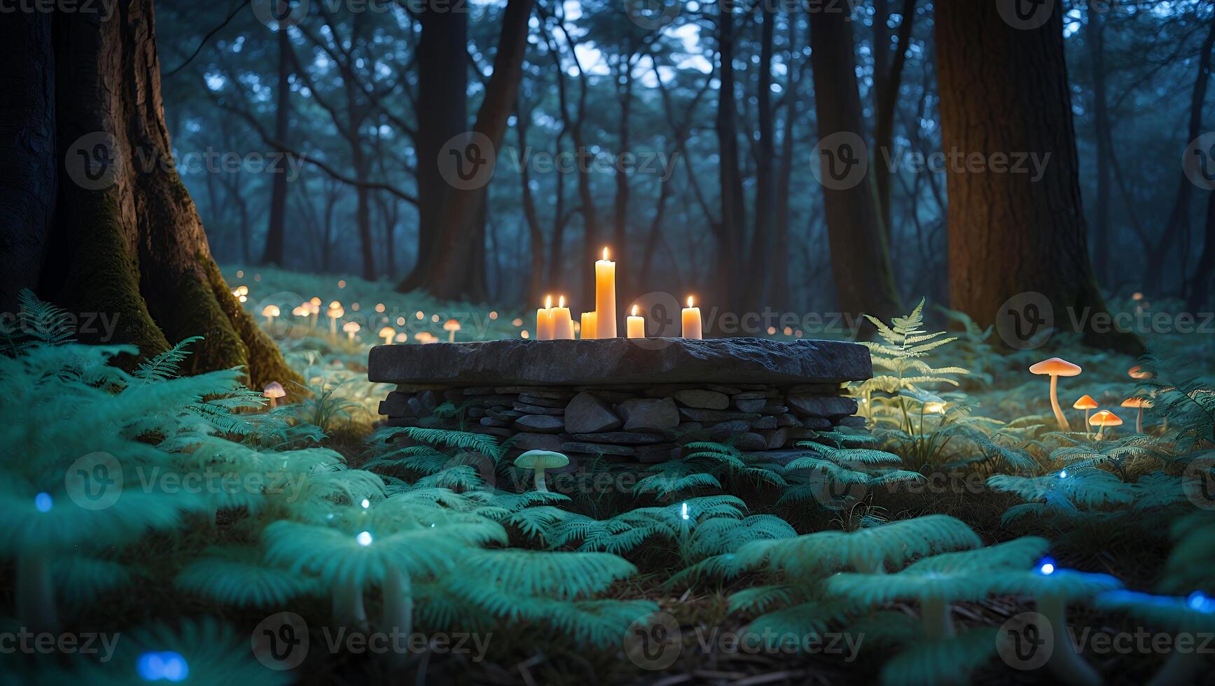 Candles Burning on Stone Table in Enchanted Forest at Dusk photo