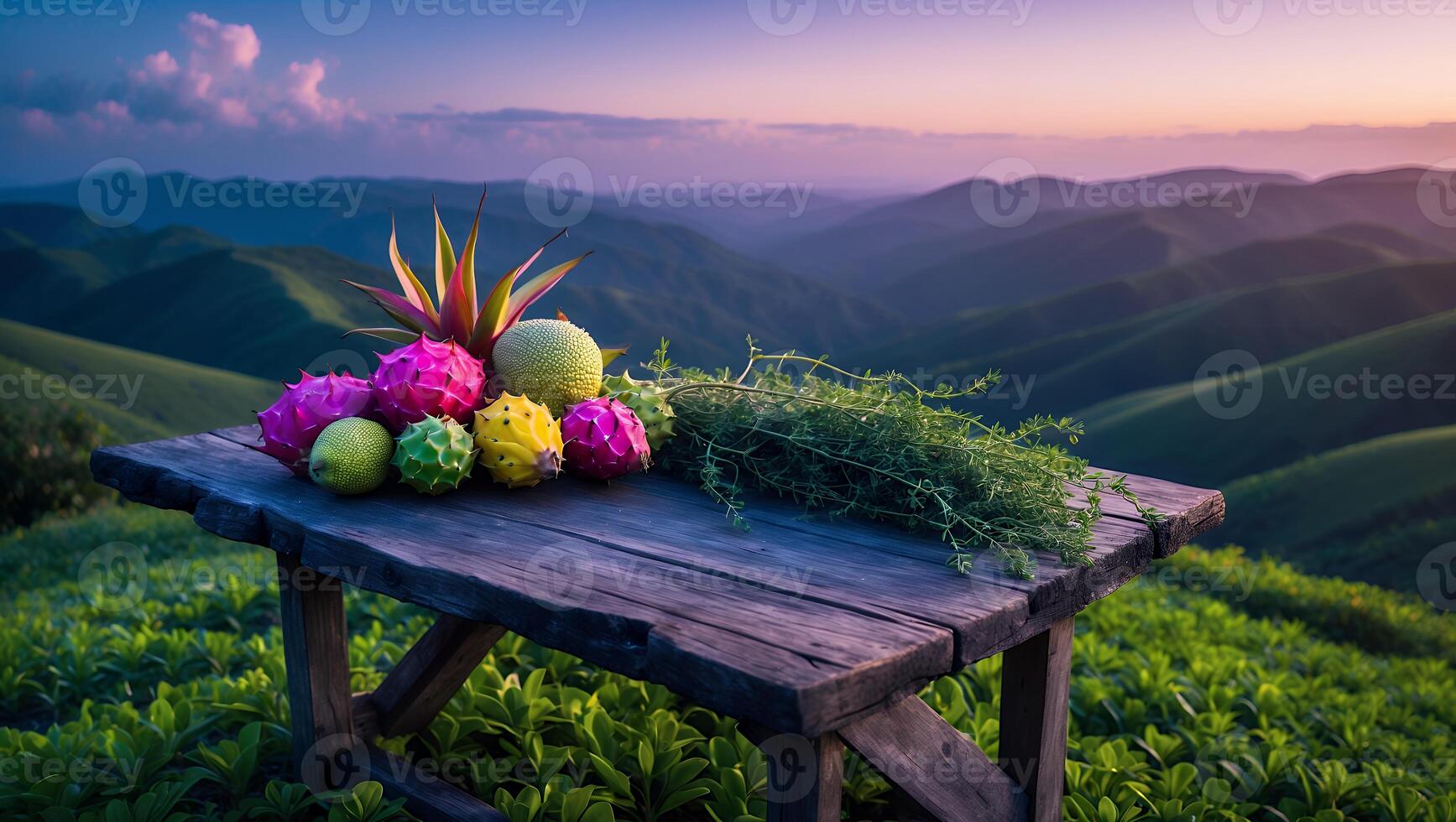 Arrangement of Exotic Fruits on Rustic Table with Mountain Vista photo