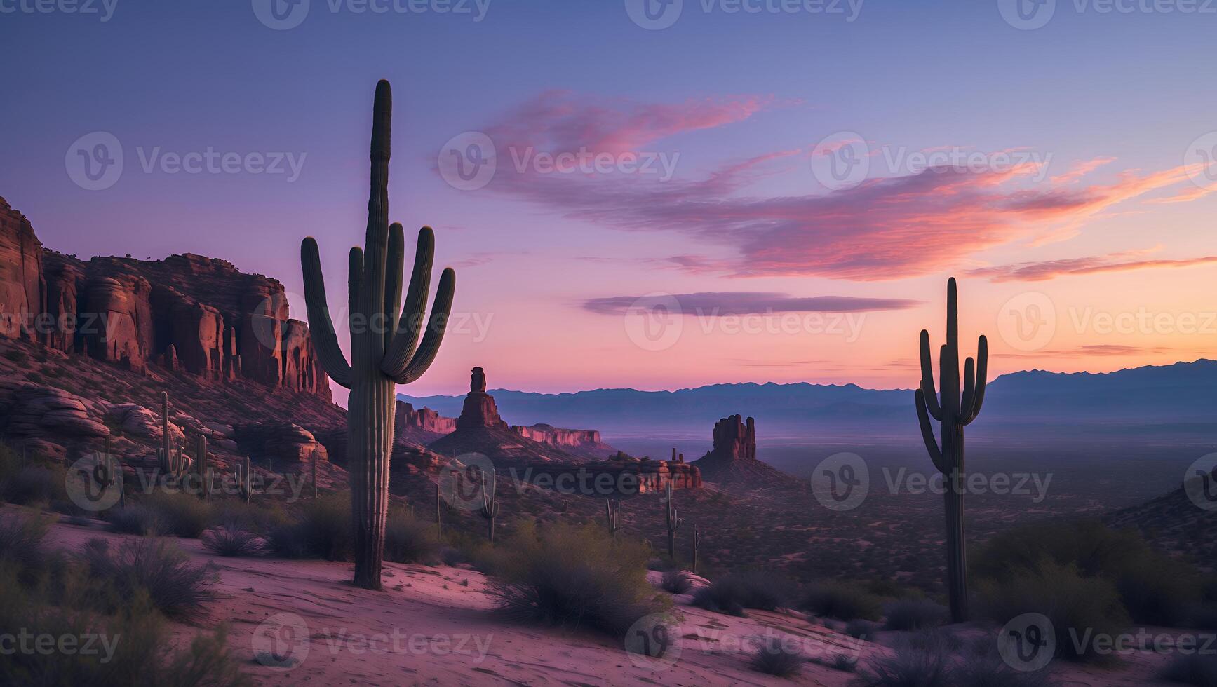 Desert Landscape with Cactus Silhouettes Against a Vibrant Sunset Sky photo