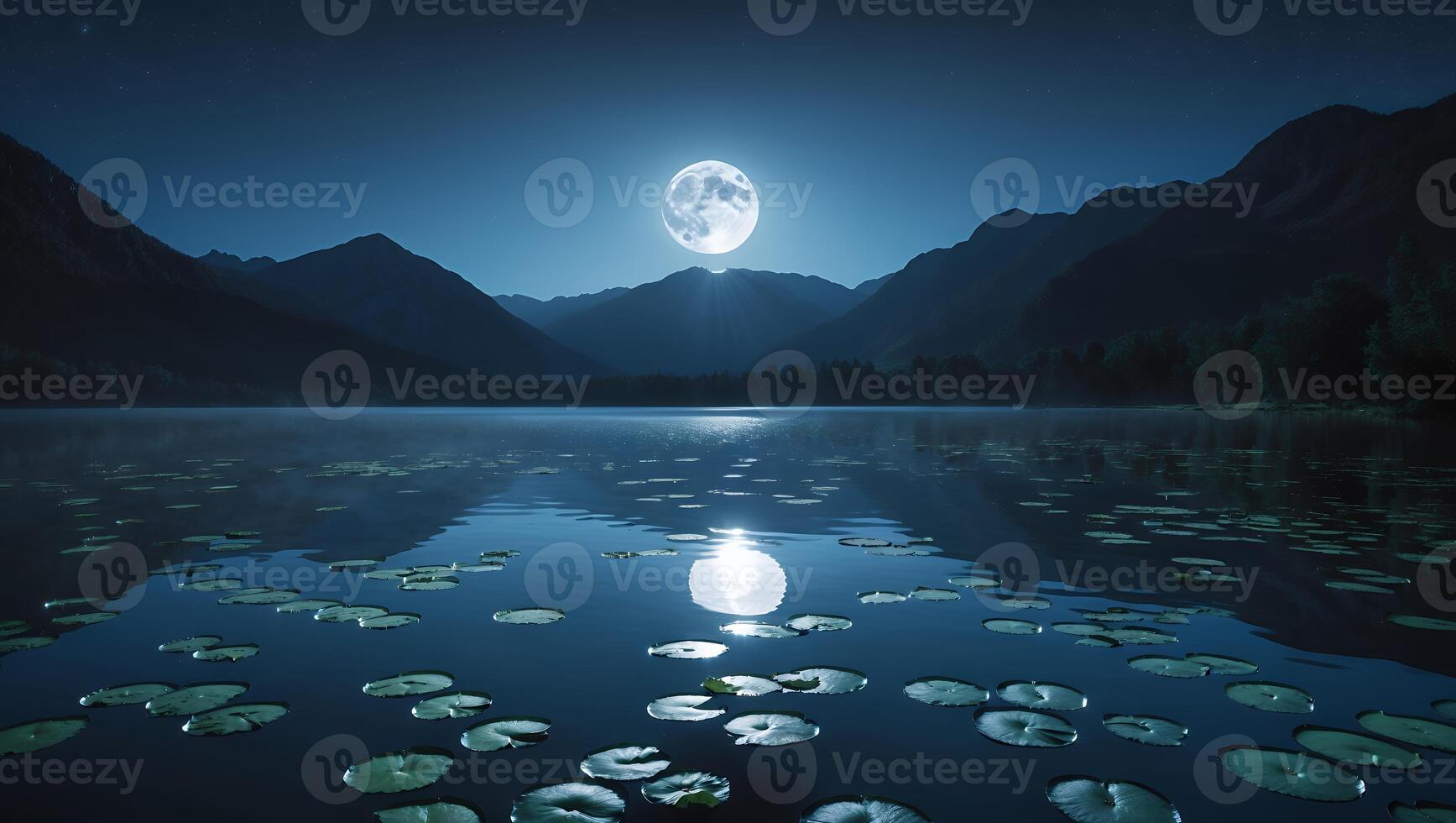 Reflecting Moon Over Mountain Lake with Lily Pads on Calm Water photo