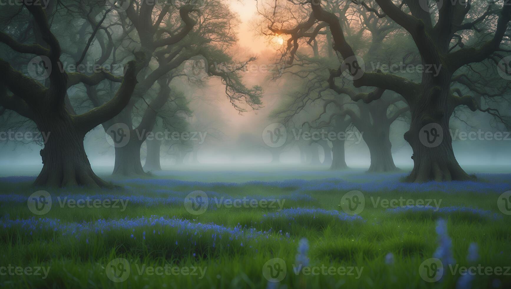 Foggy Forest Glade with Bluebells and Sunlight Shining Through photo