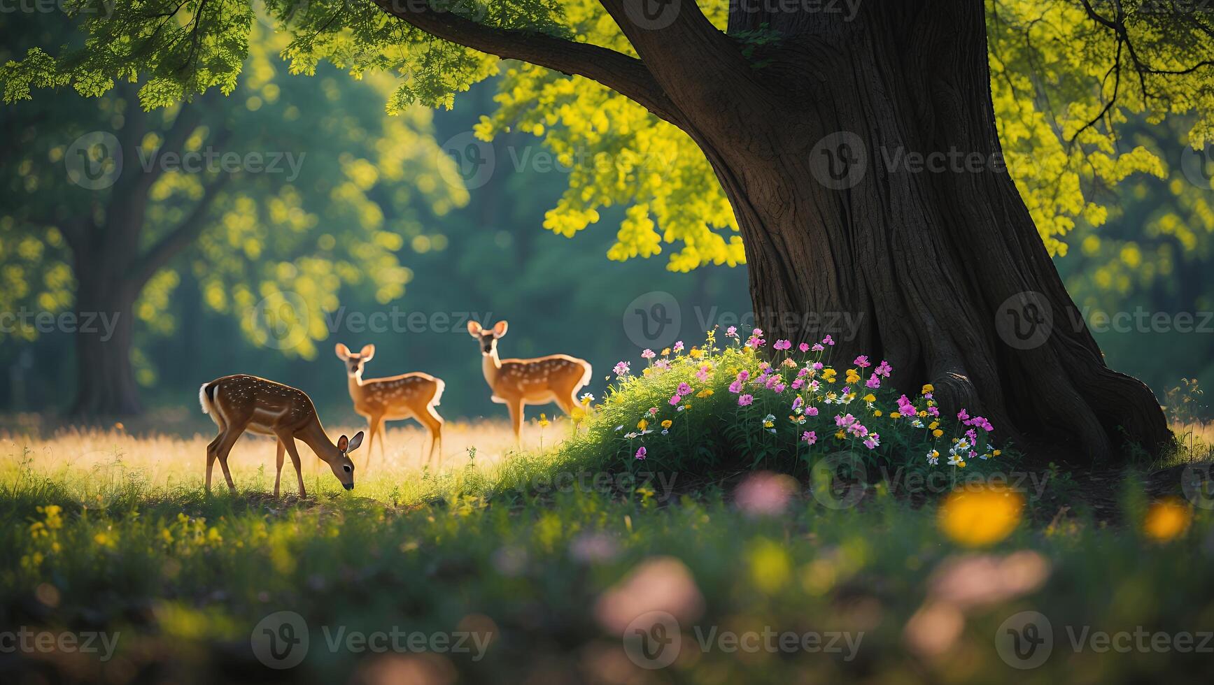 Deer Grazing in a Sunny Meadow Near a Large Tree photo