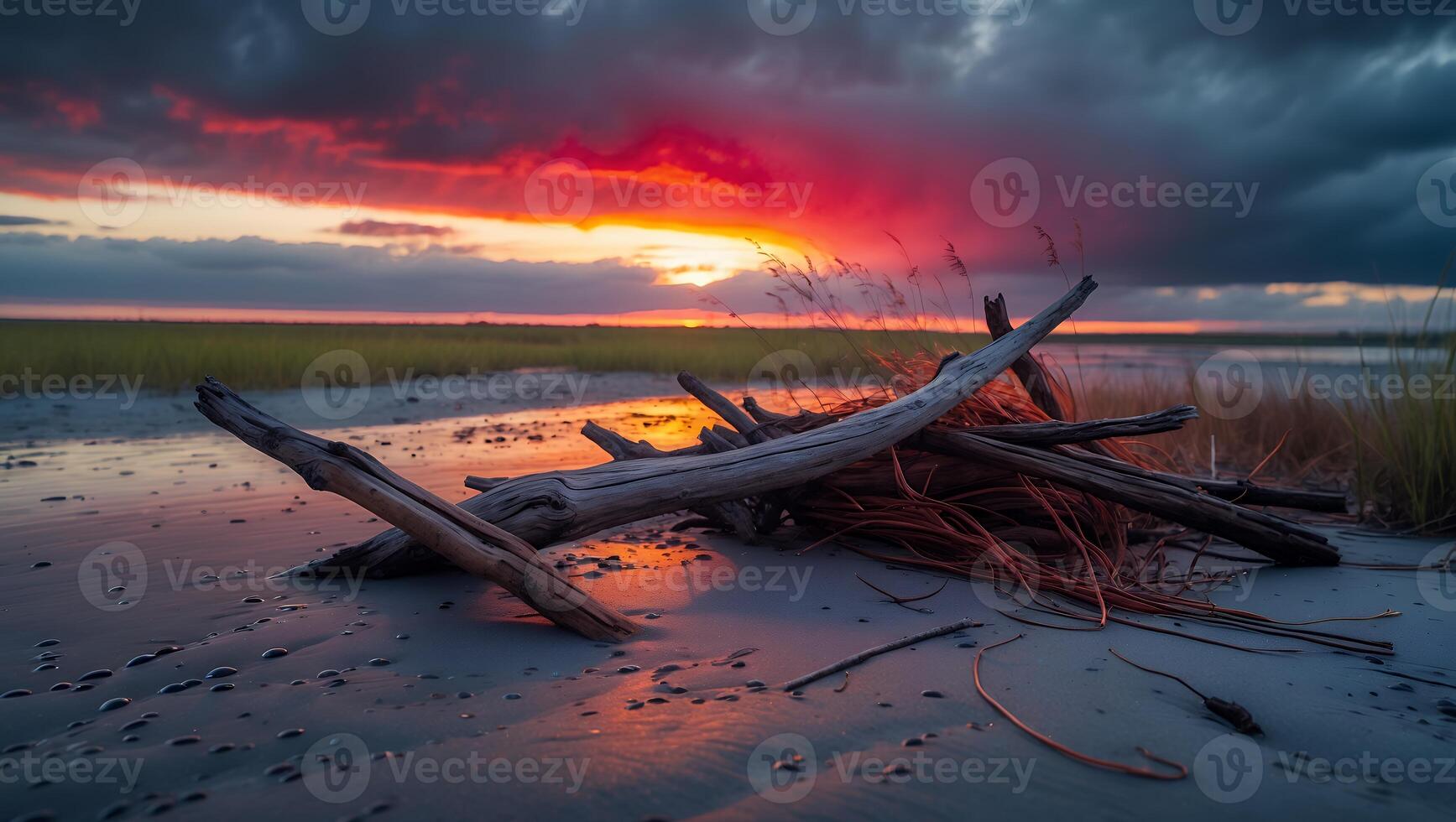 Driftwood on Beach at Sunset with Colorful Sky and Water Reflection photo