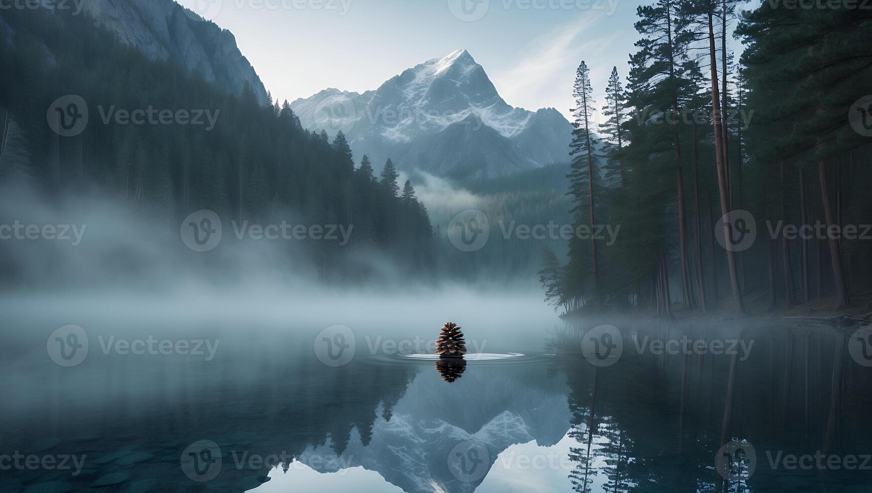 Pine Cone Floating on Mountain Lake with Fog and Reflections photo