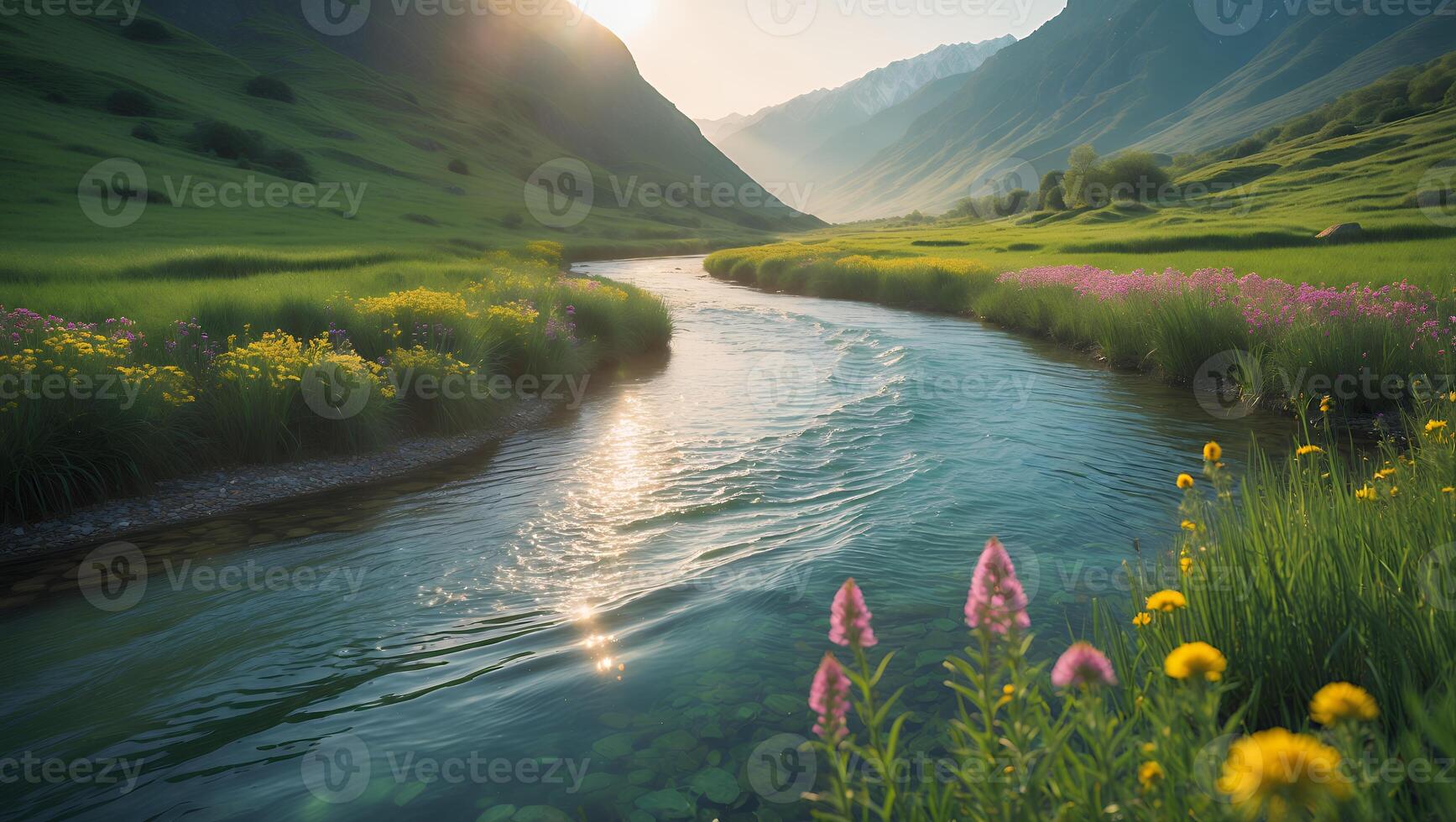 Flowing River Through Grassy Valley with Wildflowers and Mountain Backdrop photo