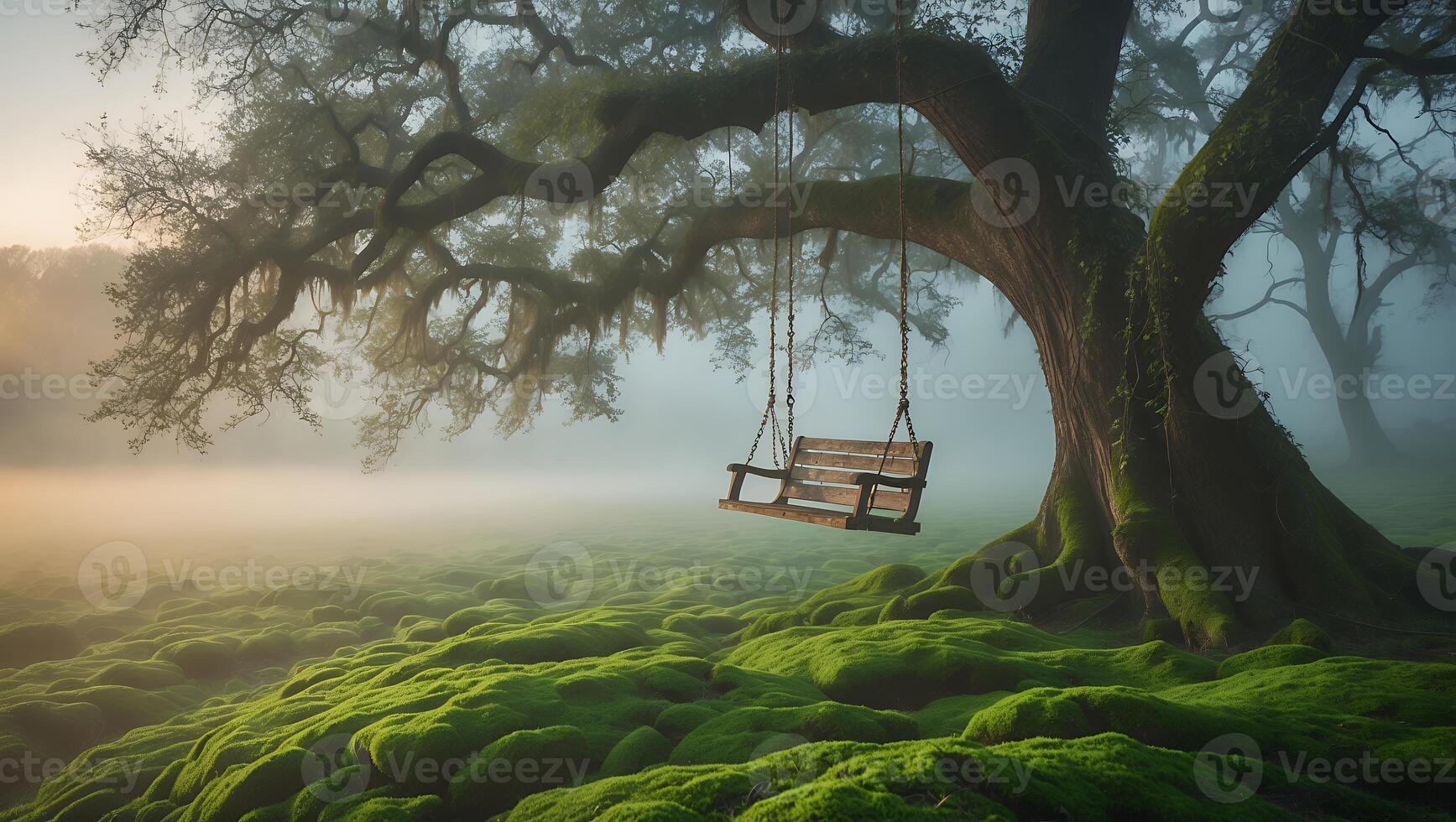 Hanging Swing on Old Tree with Mossy Ground and Fog photo