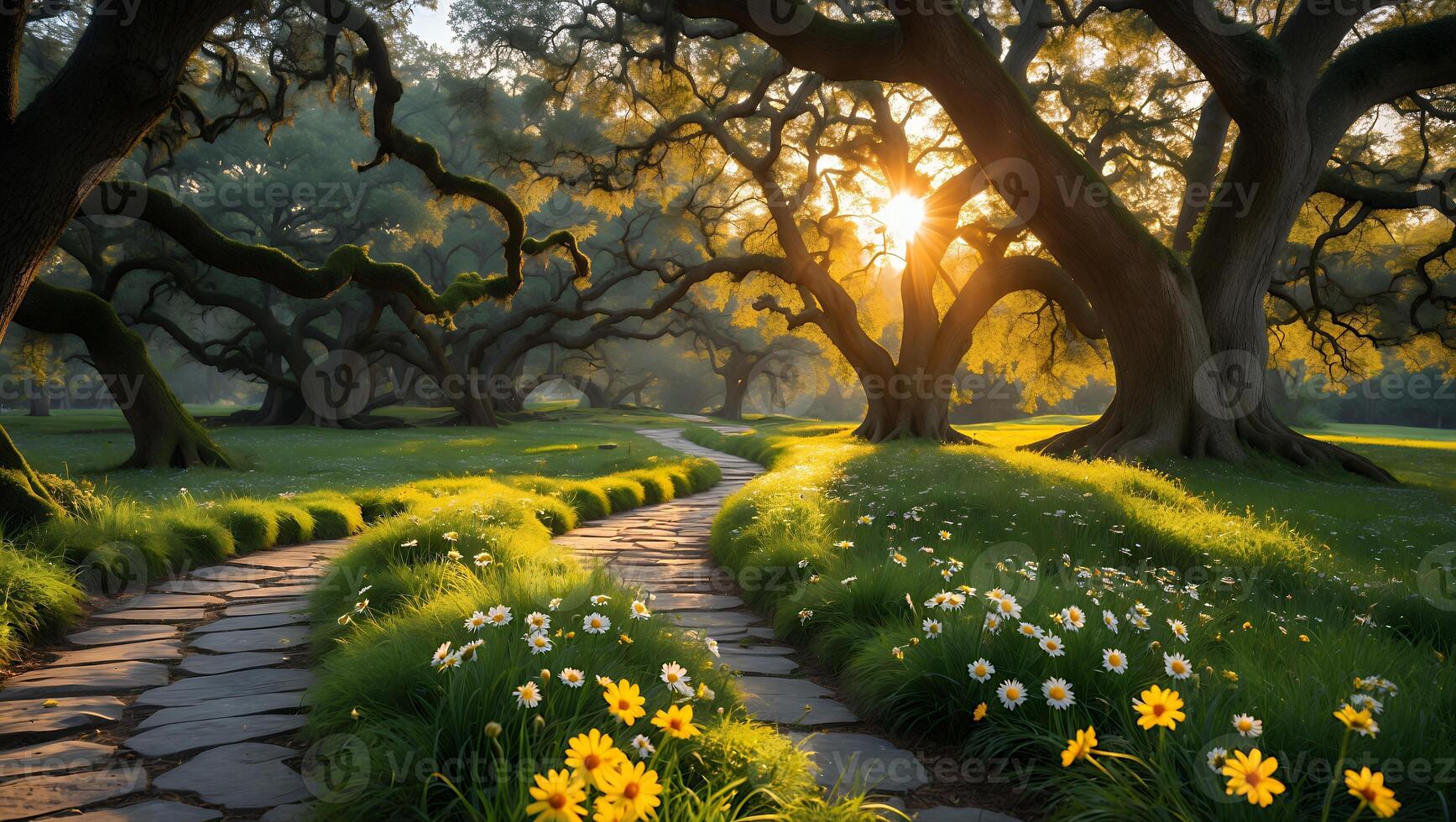 Walking Path Through Grassy Field with Trees and Sunlight photo