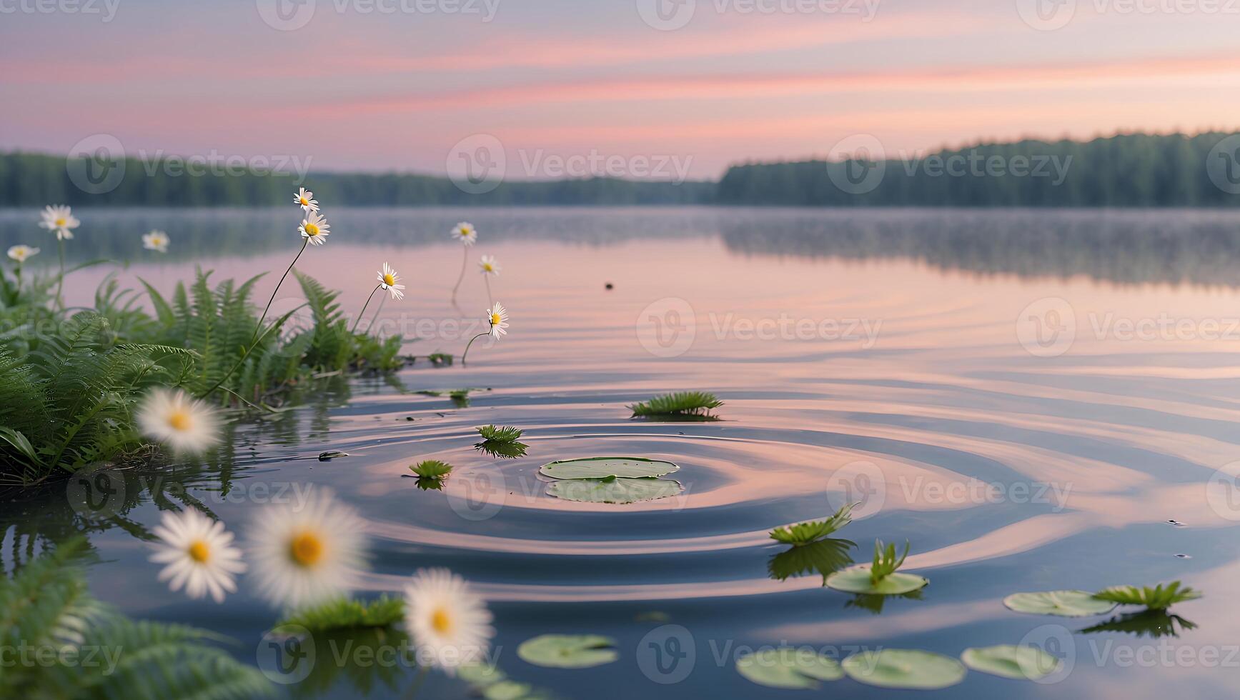 Calm Lake Scene with Wildflowers, Water Lilies, and Sunset Sky photo