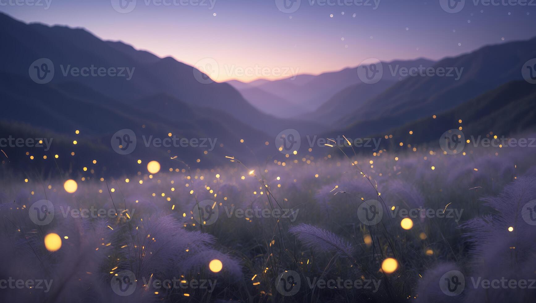 Dreamy Field Landscape with Glowing Lights and Distant Mountains photo