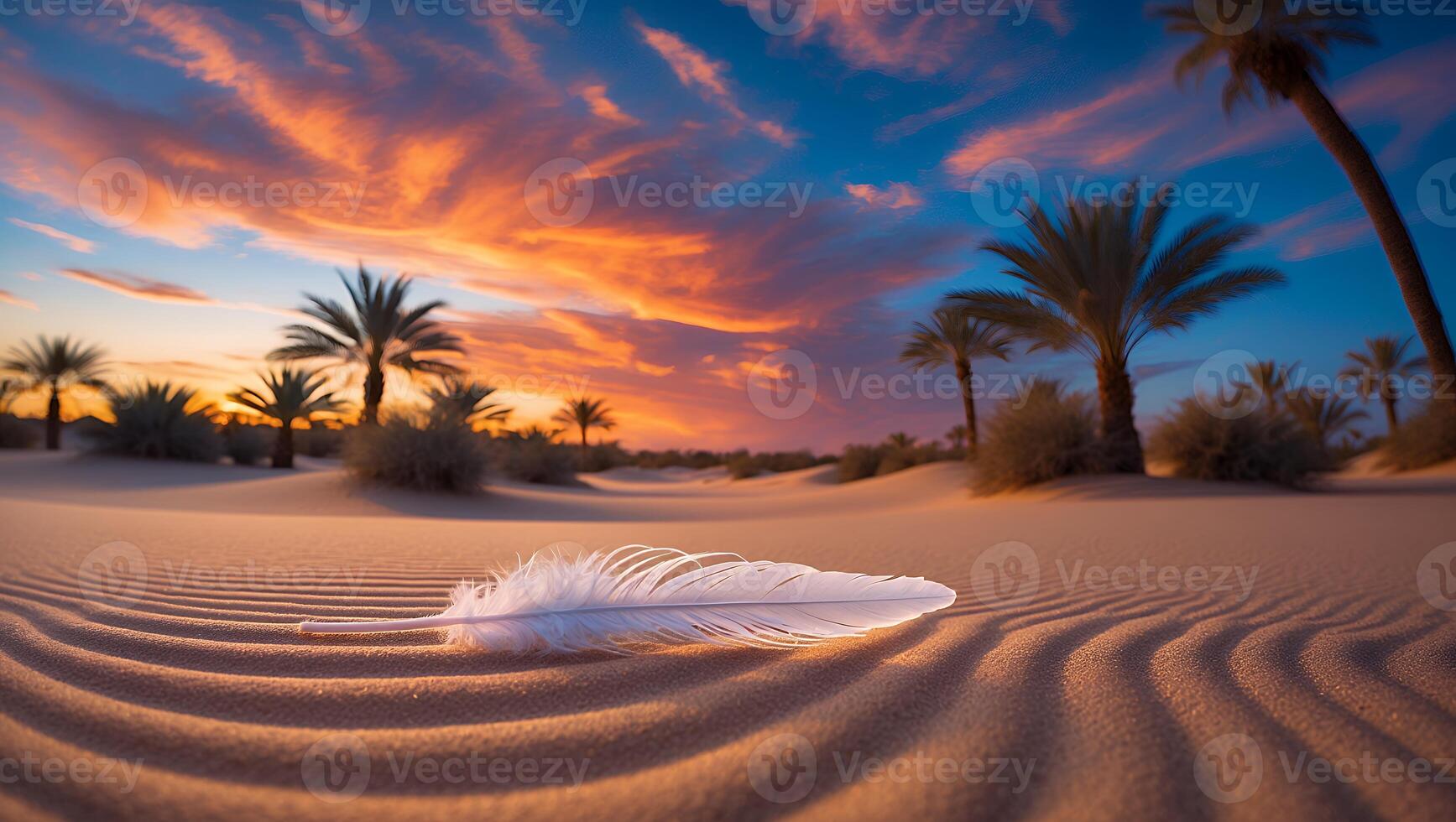 White Feather Resting on Desert Sand with Palm Trees at Sunset photo