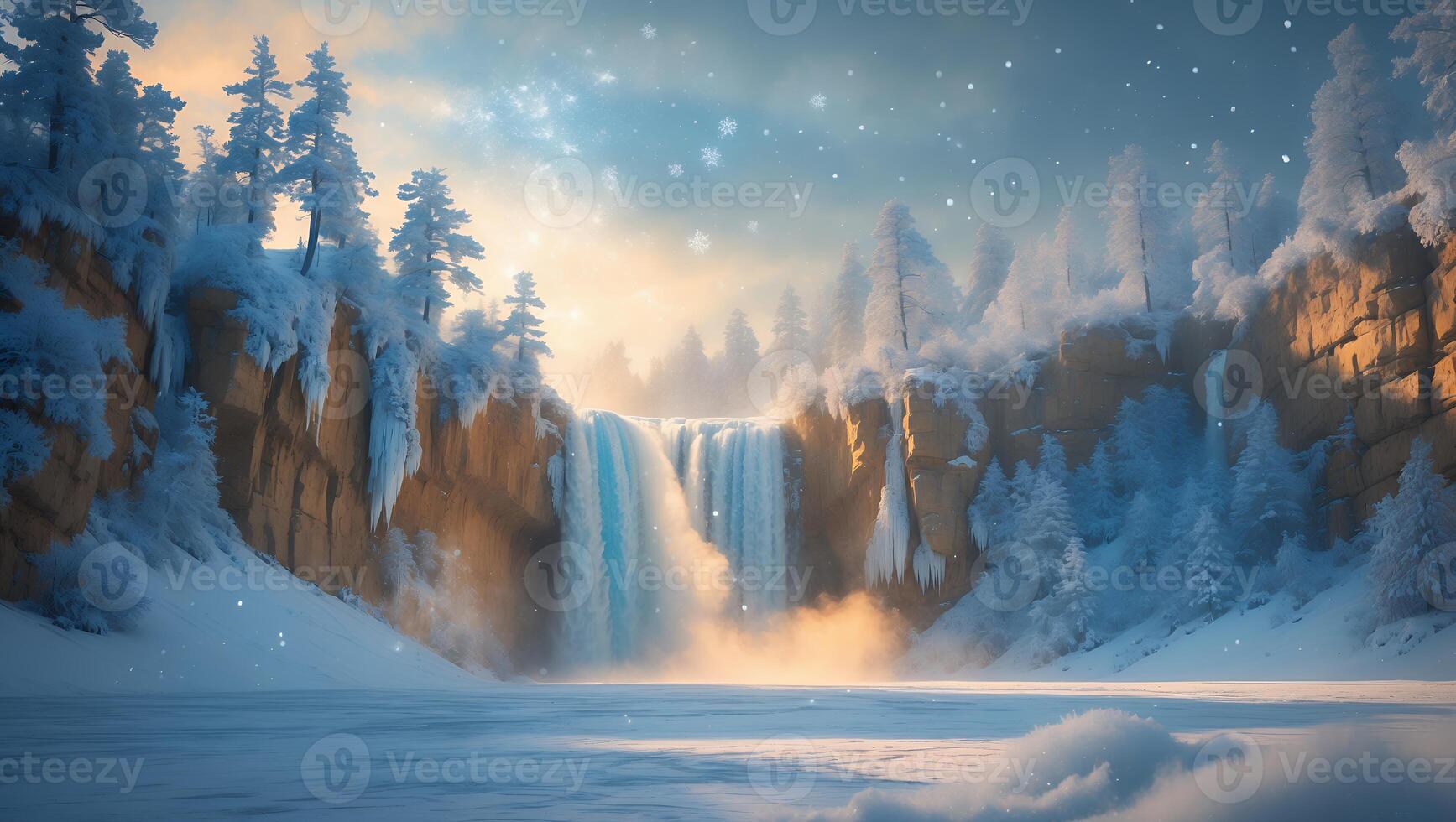 Frozen Waterfall Scenery with Snow Covered Trees and Cliffside View photo