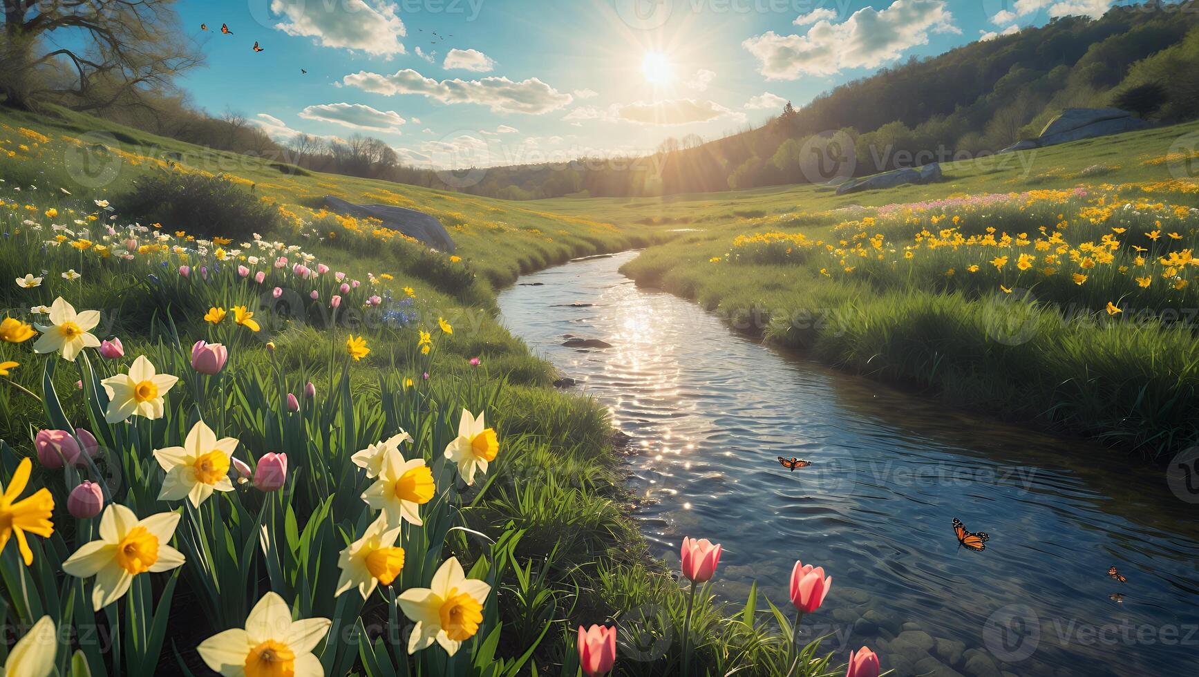 Flowing River Through Meadow Filled with Daffodils and Tulips in Spring photo