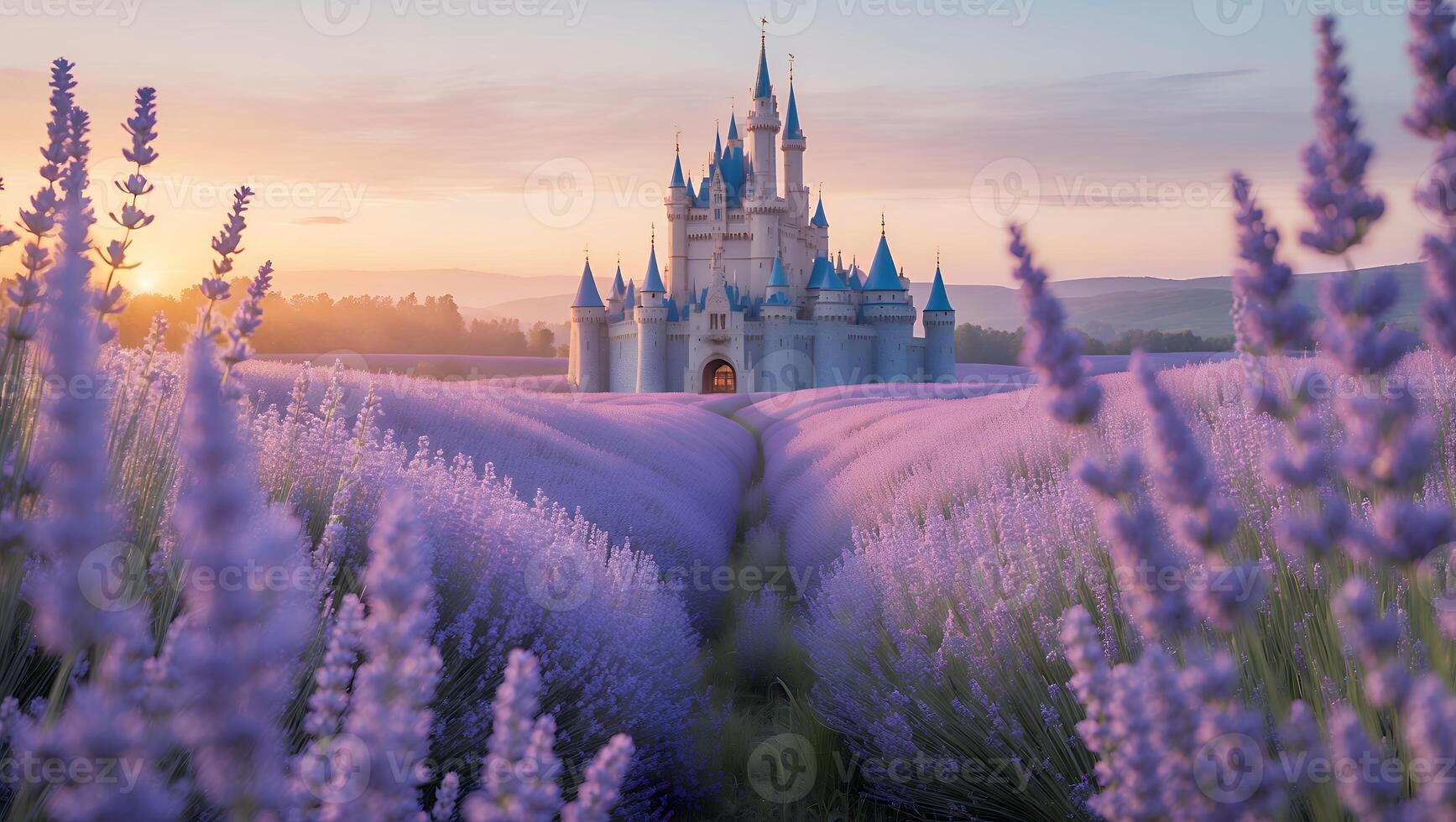 Majestic Castle in Lavender Field at Dawn with Soft Light photo