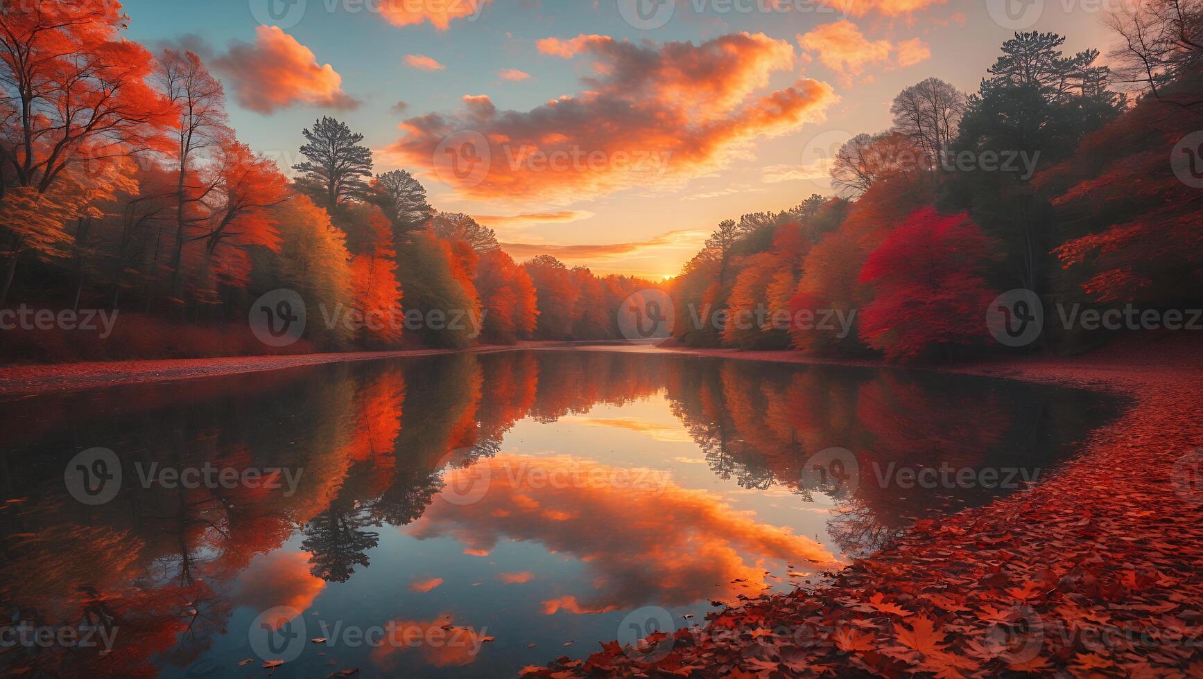 Autumn Reflection Beautiful Lake with Colorful Trees and Sunset Clouds photo