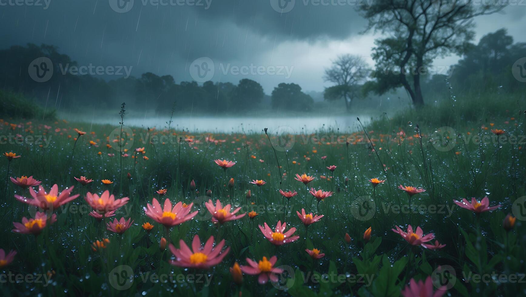 Rain Falling on Flower Meadow Creating a Moody and Serene Scene photo