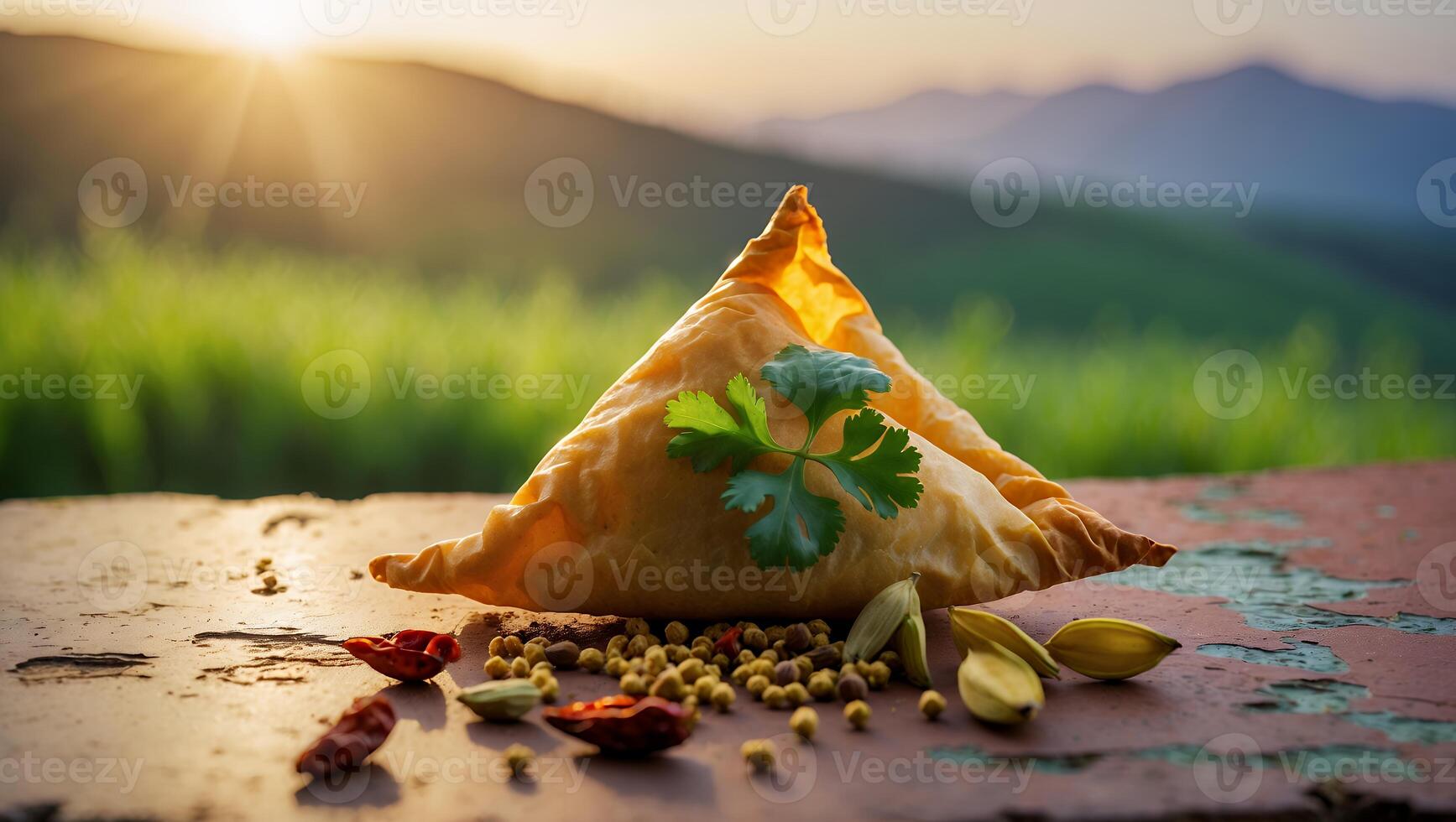 Crispy Samosa on Rustic Surface with Spices and Mountain View photo