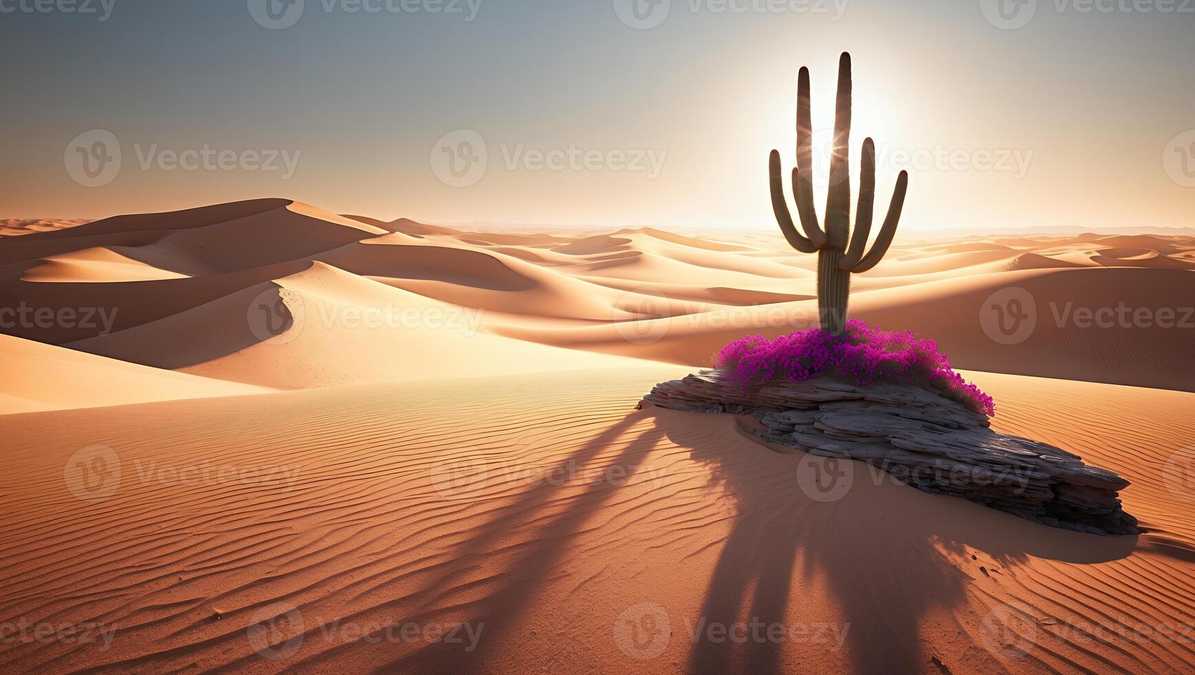 Cactus Silhouette in Desert Landscape with Pink Flowers at Sunset photo