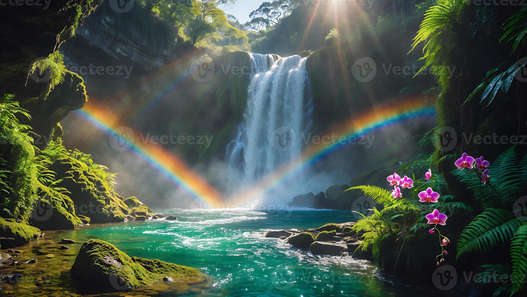 Waterfall Cascading with Rainbow and Lush Foliage in Tropical Paradise photo