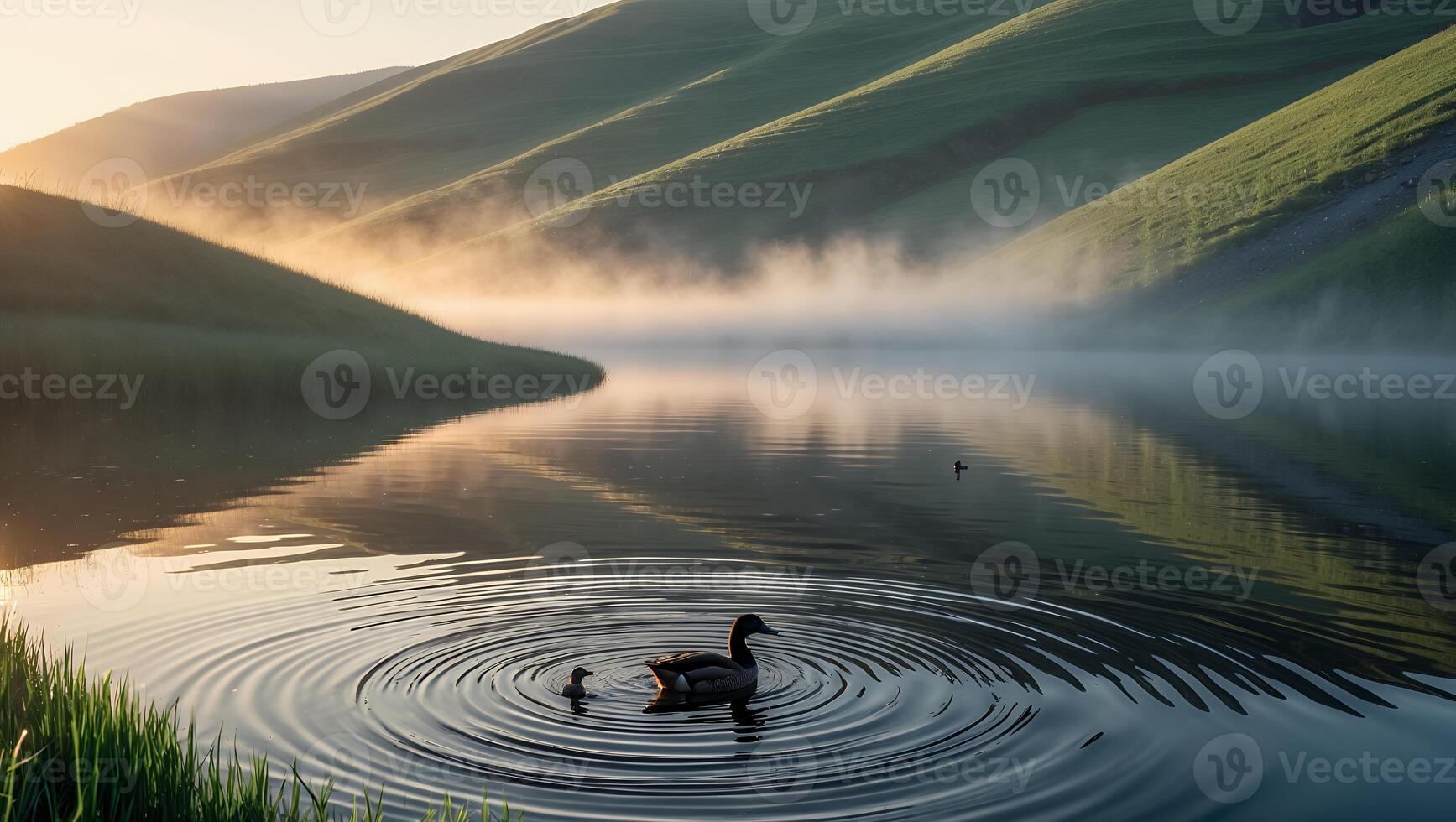 Duck and Duckling Swim on Calm Lake with Foggy Hills photo