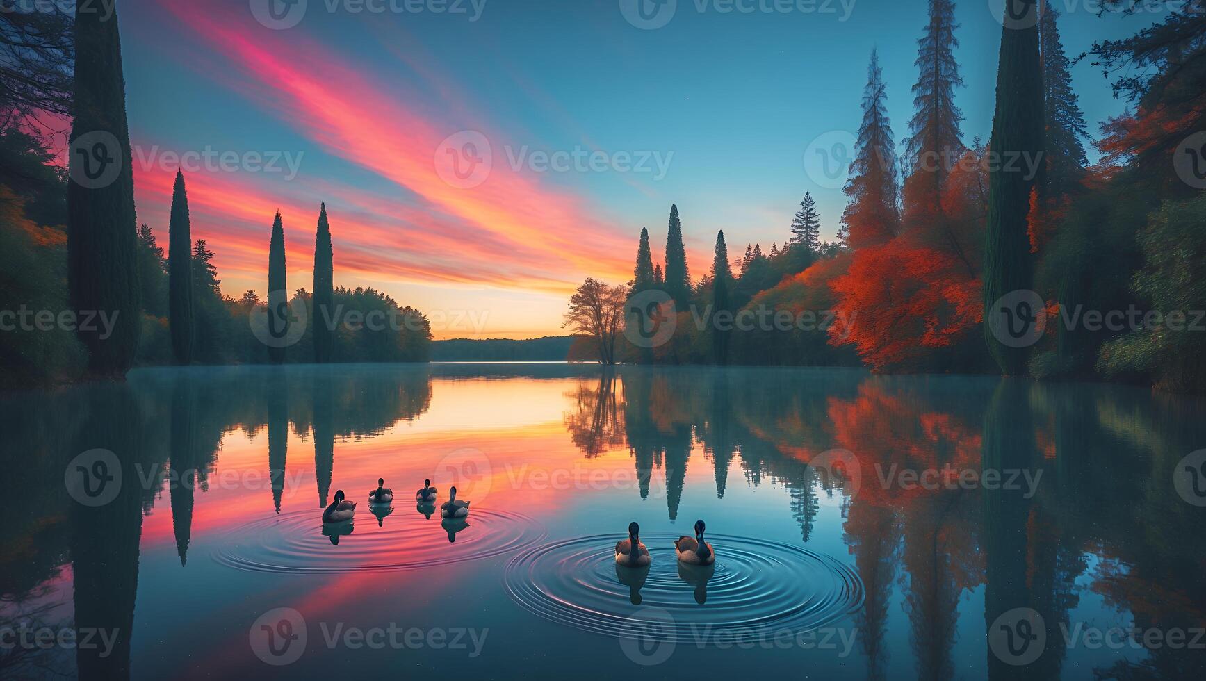 Ducks Swimming in Lake Reflecting Colorful Sunset Sky with Trees photo