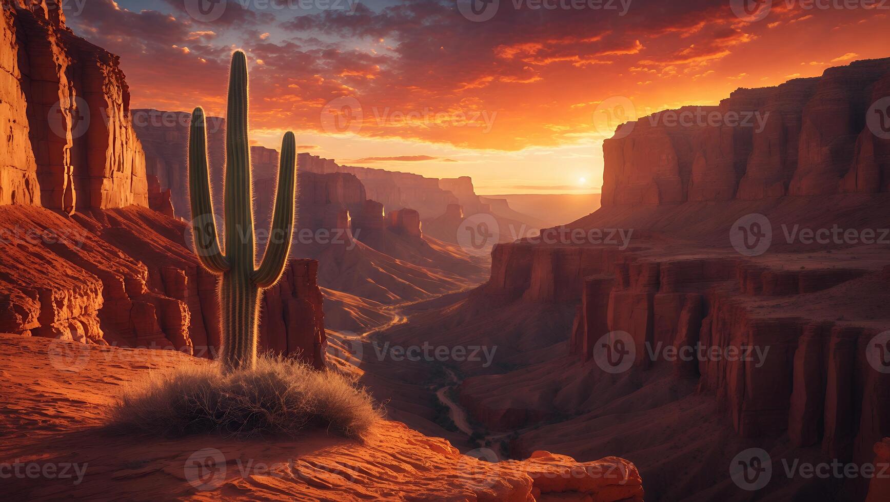 Cactus in Desert Canyon at Sunset with Dramatic Sky and Landscape photo