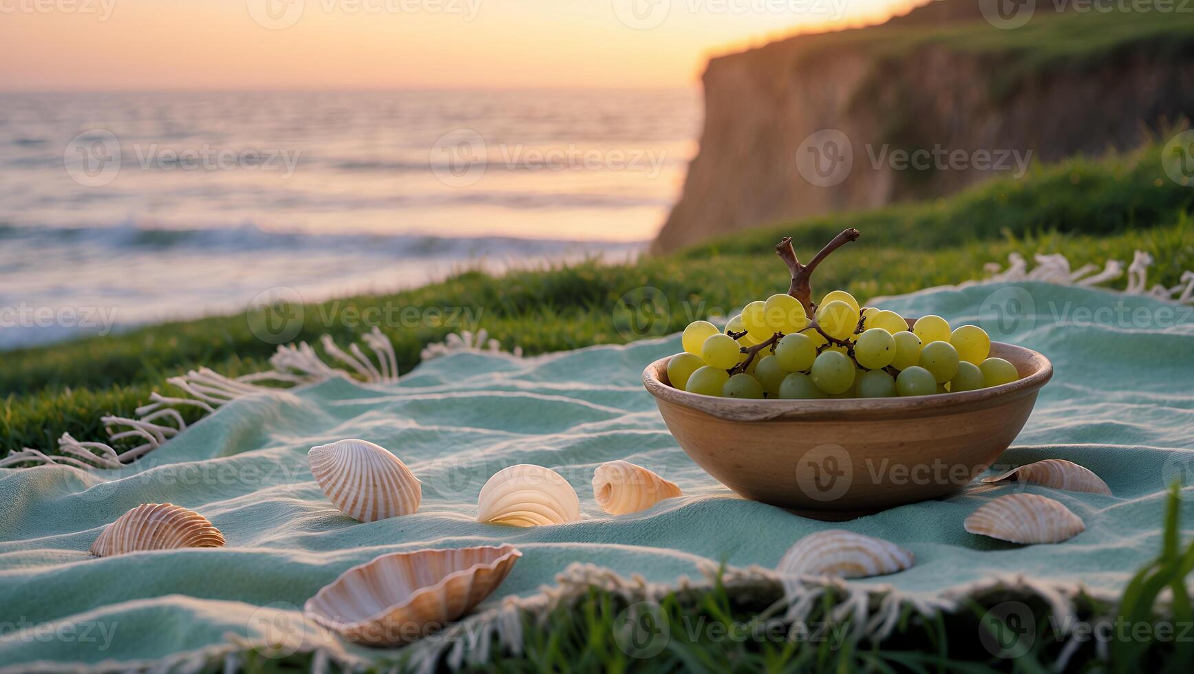 Grapes on Picnic Blanket by the Ocean at Sunset with Shells photo
