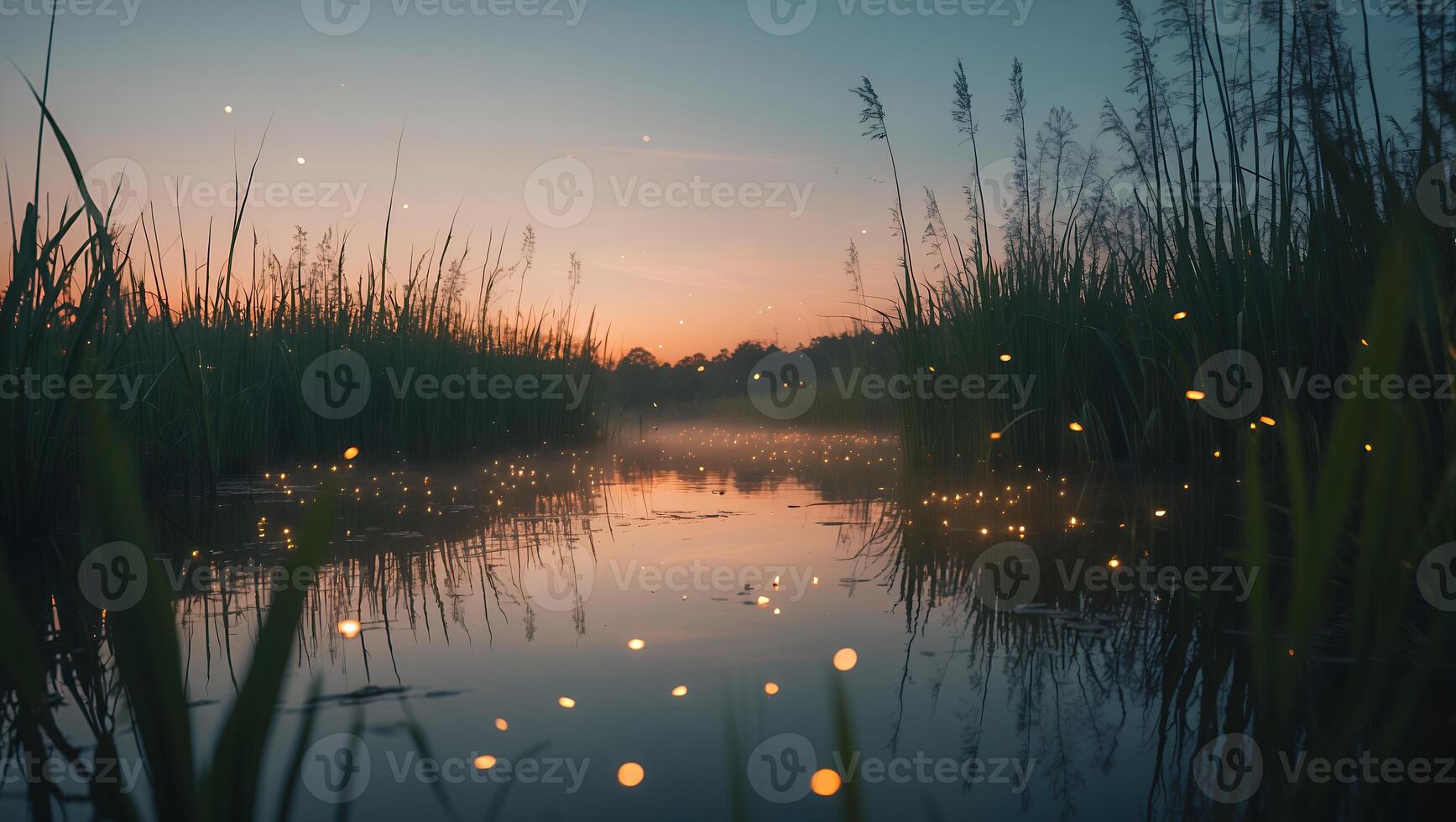 Calm River Scene Reflecting Sunset with Tall Grass and Fireflies photo