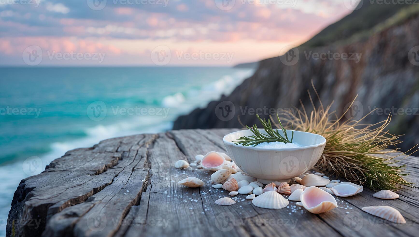 Bowl of Salt and Shells by the Sea on Rustic Wood photo