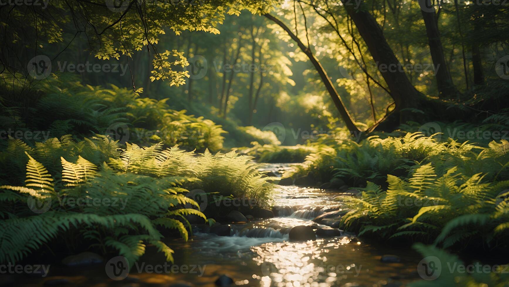 Stream Flowing Through Lush Green Forest with Ferns in Sunlight photo