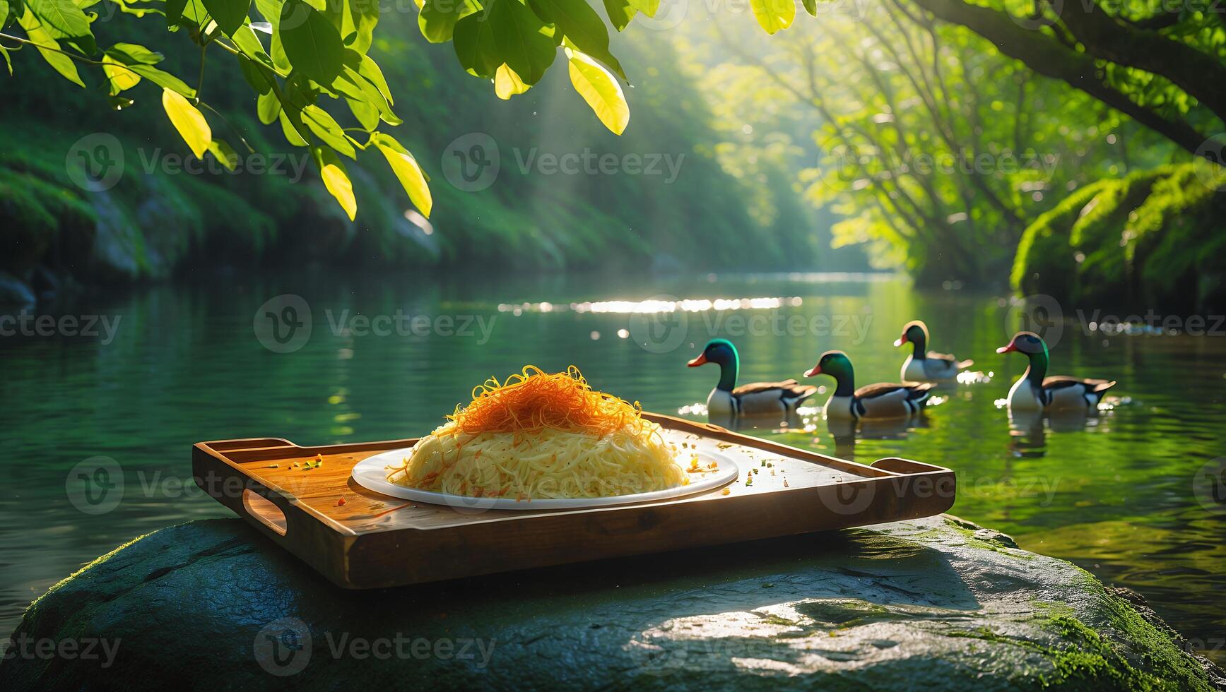Pasta Dish on Tray by River with Ducks in Natural Setting photo