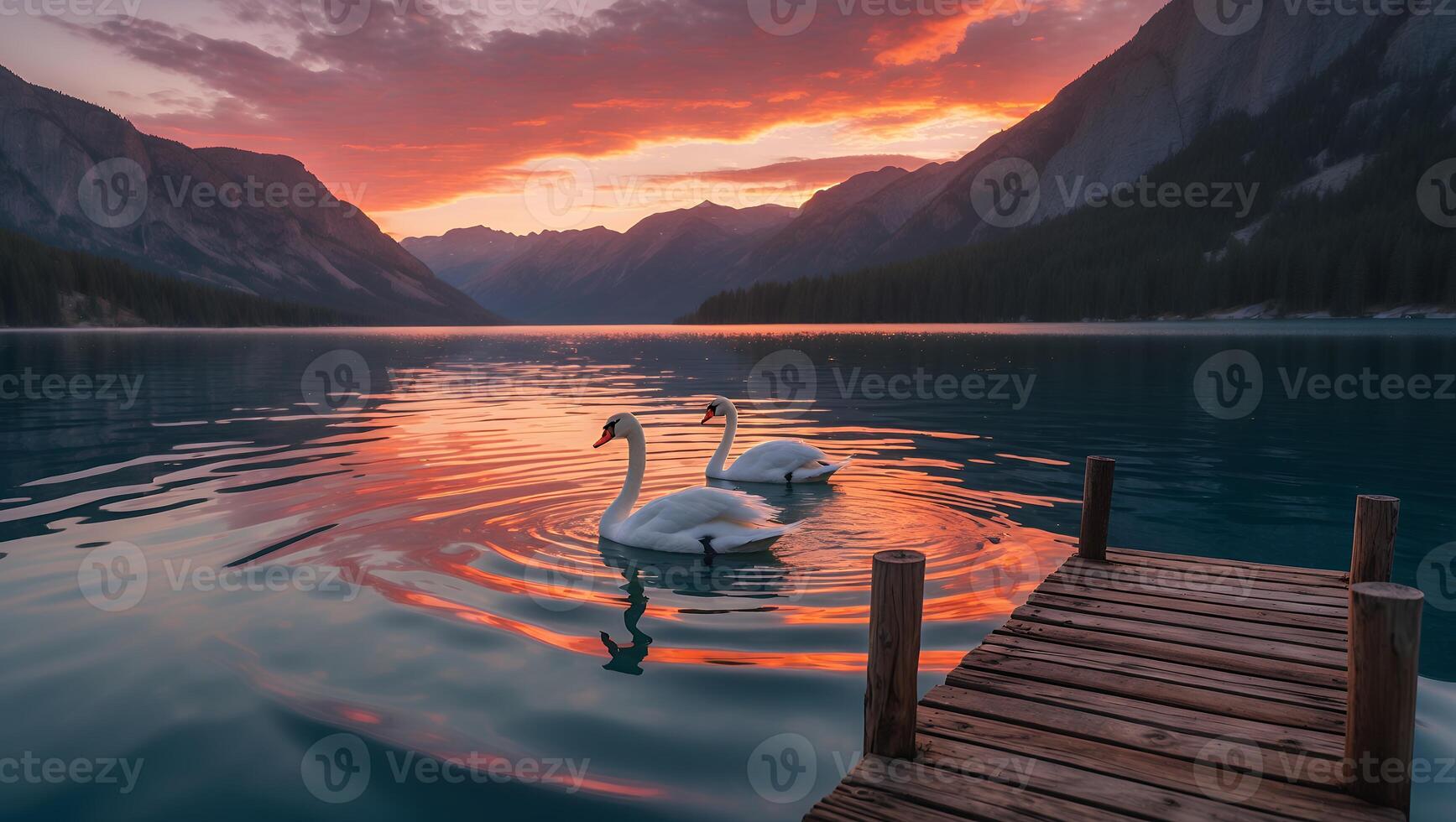 Swans Swimming on Calm Lake at Sunset with Mountain Reflections photo
