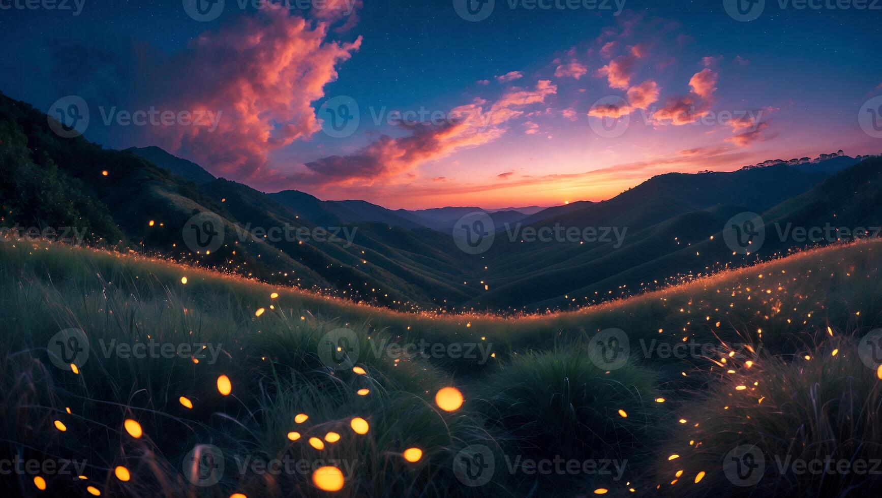 Sunset Over Rolling Hills with Grass and Fireflies Glow photo
