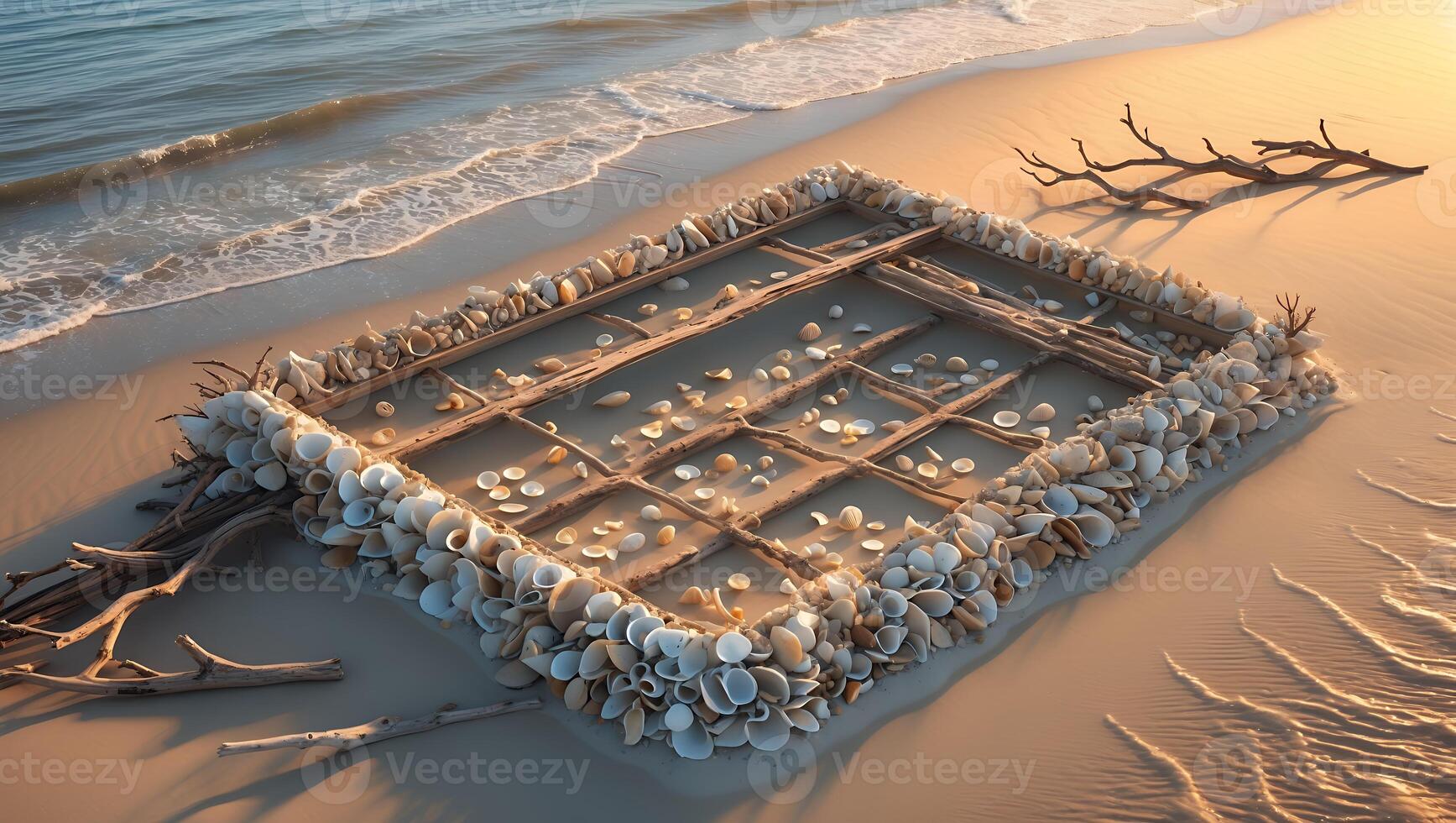 Seashell Frame Artwork on Sandy Beach at Sunset Near Ocean Waves photo