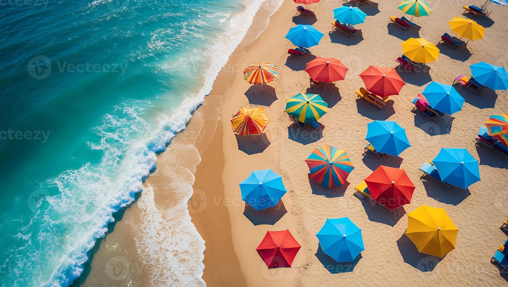 Aerial View of Colorful Umbrellas on Sandy Beach with Ocean Waves photo