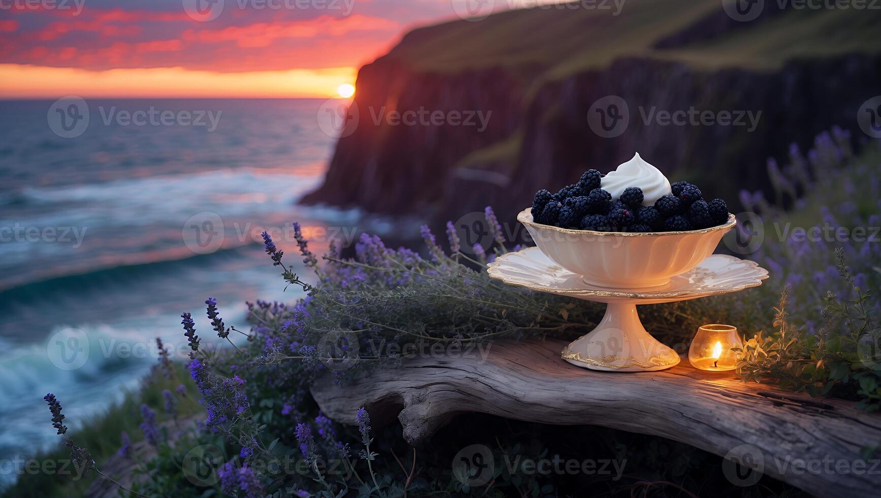 Blackberries with Cream on Coast at Sunset in Nature Setting photo