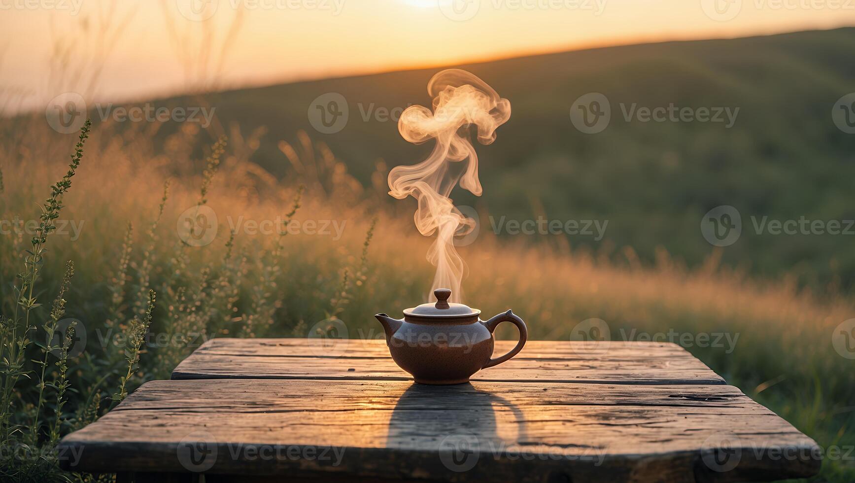 Steaming Teapot on Wooden Table in Meadow at Golden Hour photo