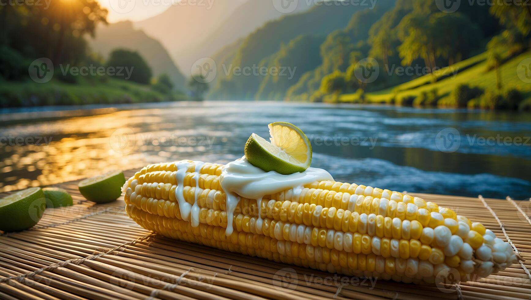 Corn with Lime and Sauce by River at Sunset Delicious Meal photo